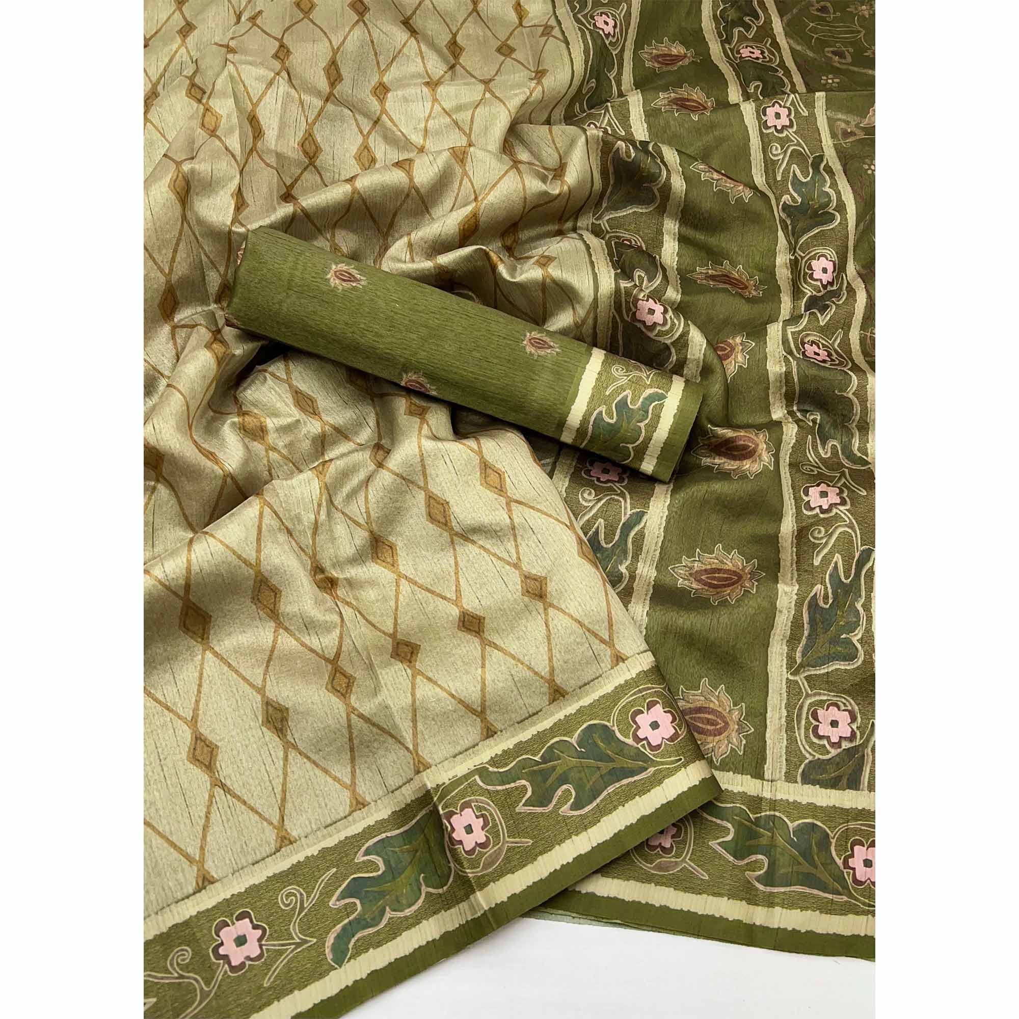 Mehendi Green Art Silk Saree Featuring Modern Digital Print & Tassel Pallu