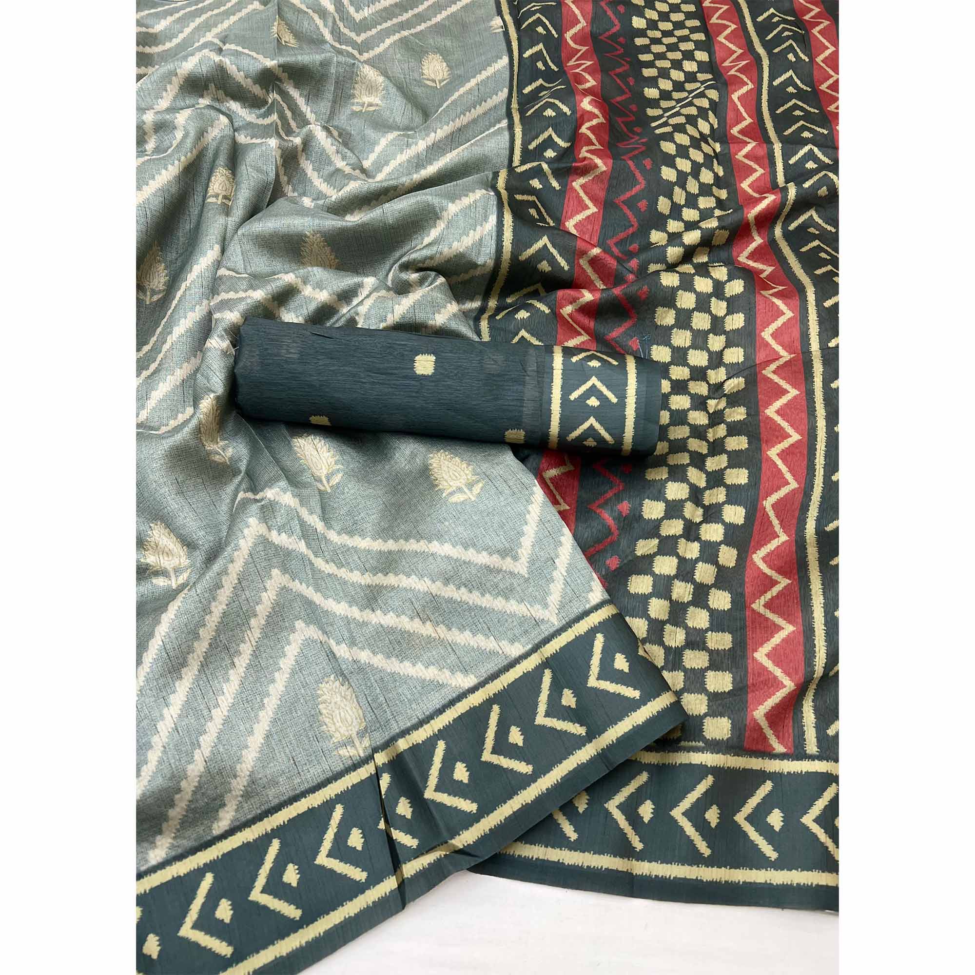 Grey Art Silk Saree Featuring Modern Digital Print & Tassel Pallu