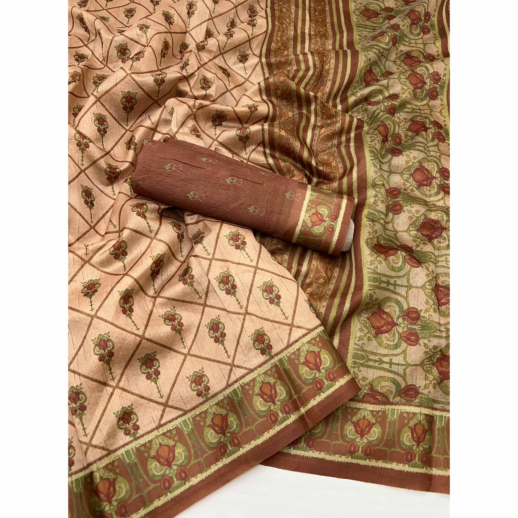 Peach Art Silk Saree Featuring Modern Digital Print & Tassel Pallu