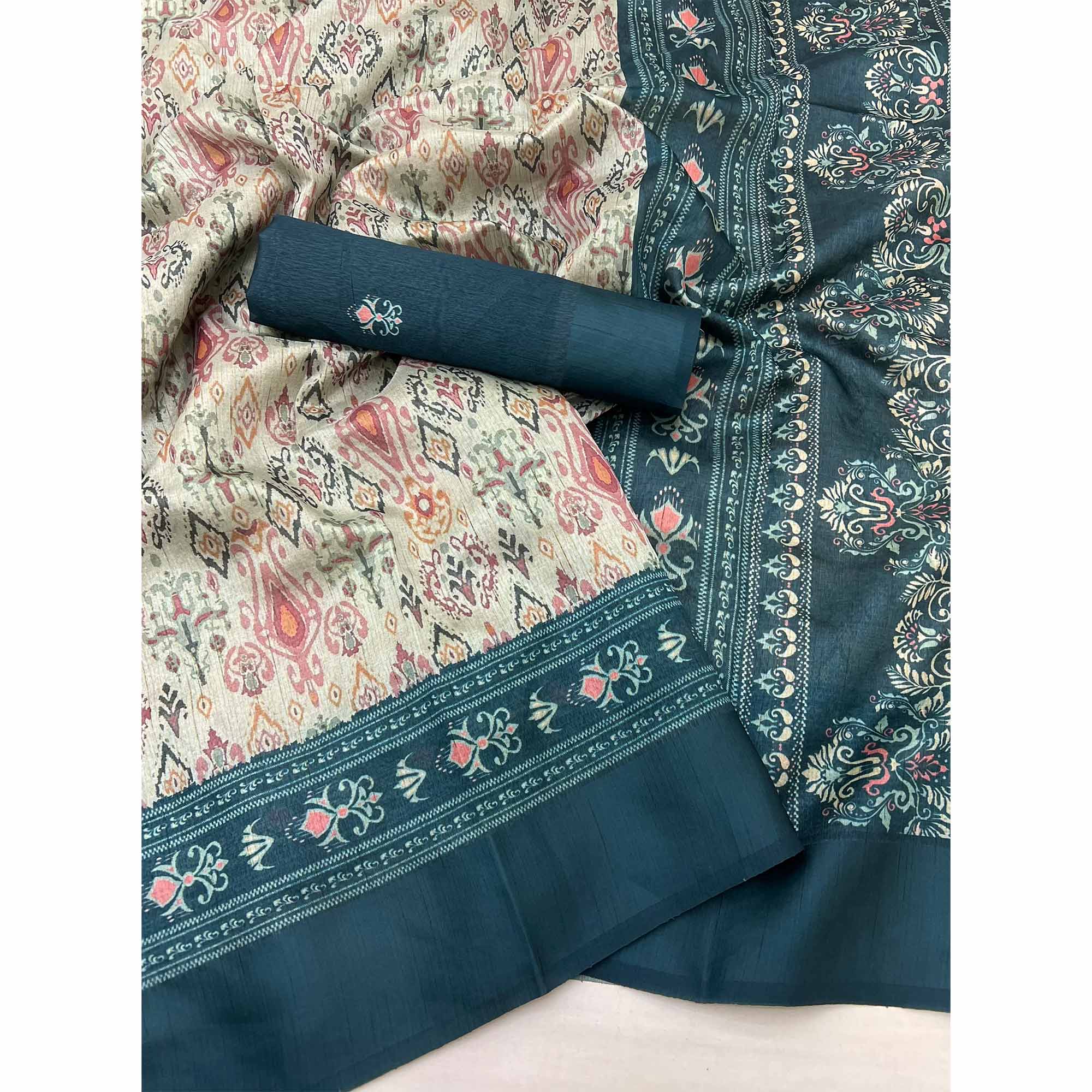 Cream & Blue Art Silk Saree Featuring Modern Digital Print & Tassel Pallu