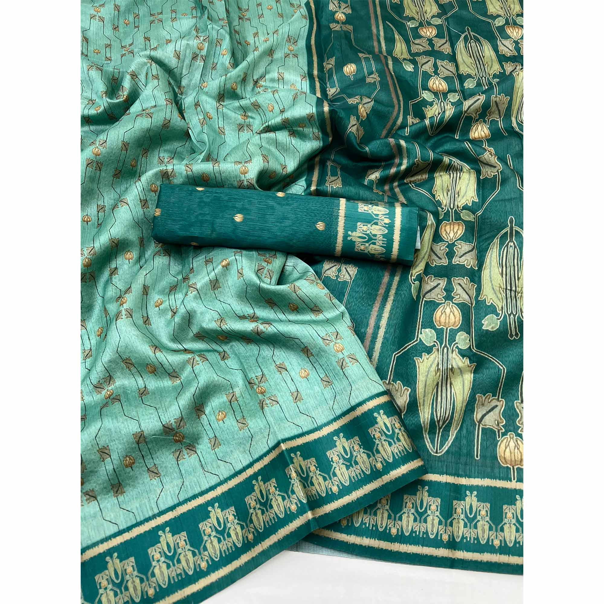 Sea Green Art Silk Saree Featuring Modern Digital Print & Tassel Pallu