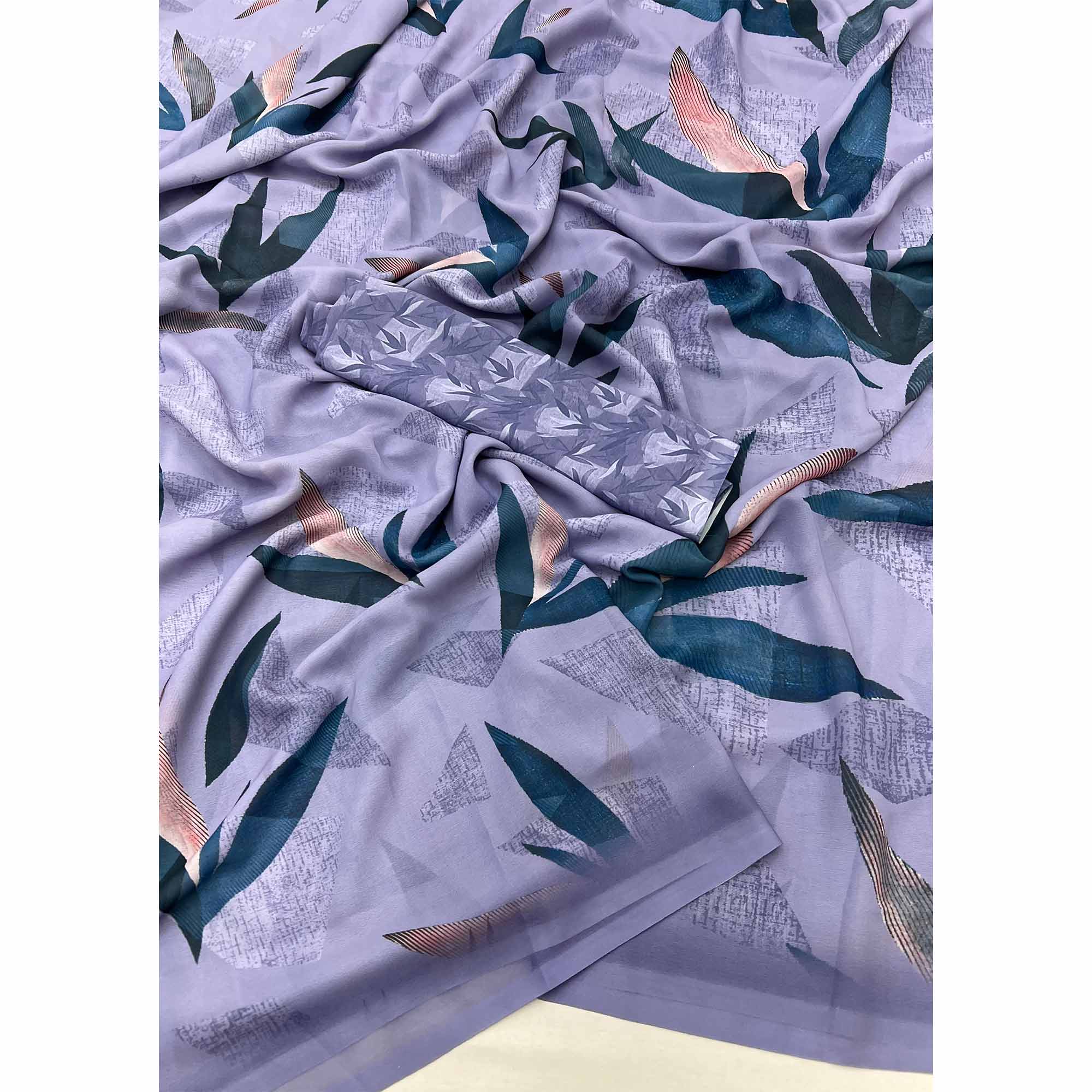 Lavender Georgette Saree With Elegant Floral Digital Print