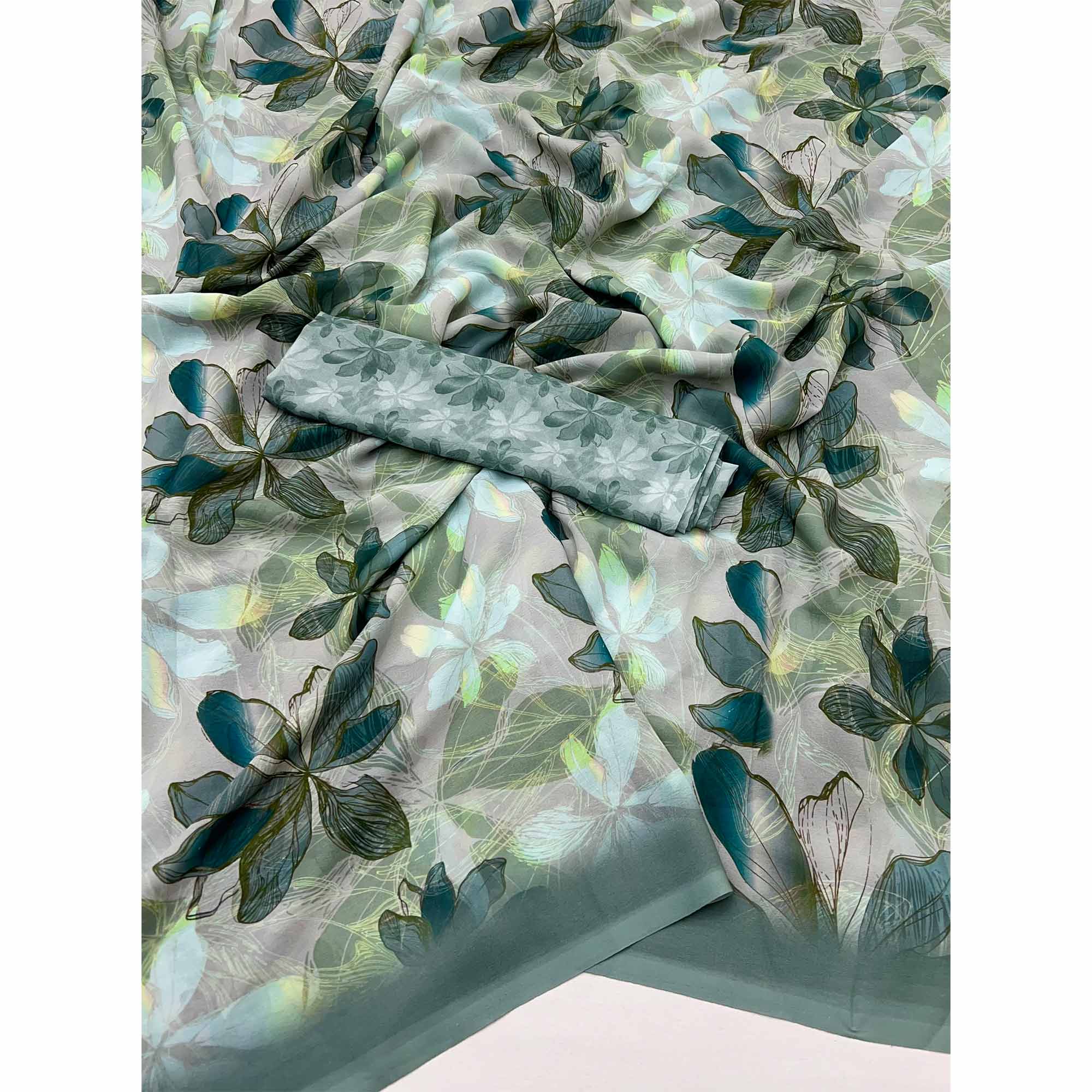 Green Georgette Saree With Elegant Floral Digital Print