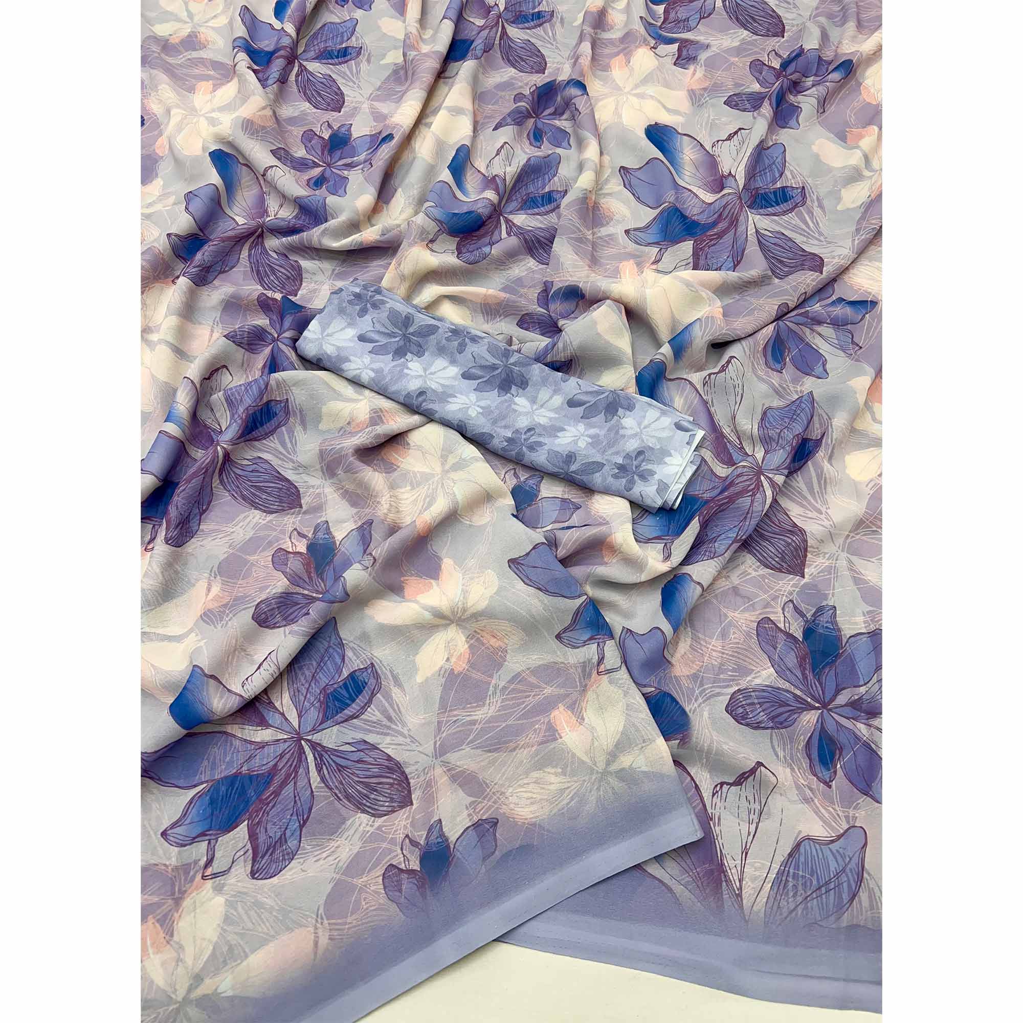 Blue Georgette Saree With Elegant Floral Digital Print