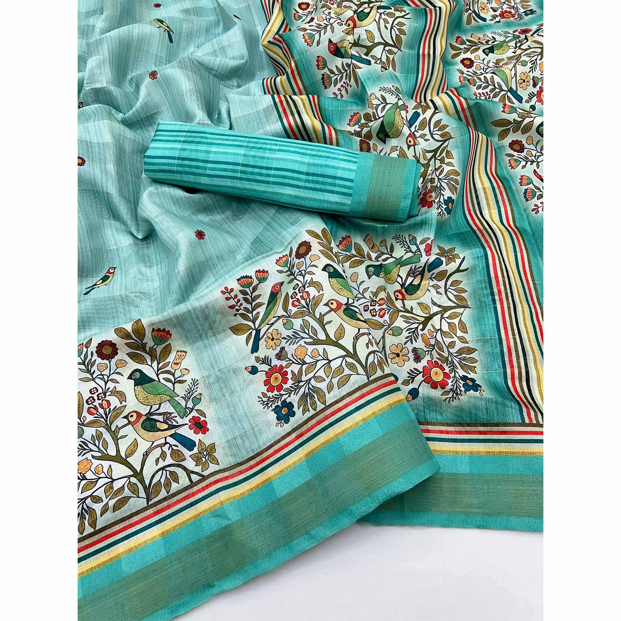 Turquoise Cotton Blend Saree Highlighted With Bird & Floral Digital Print