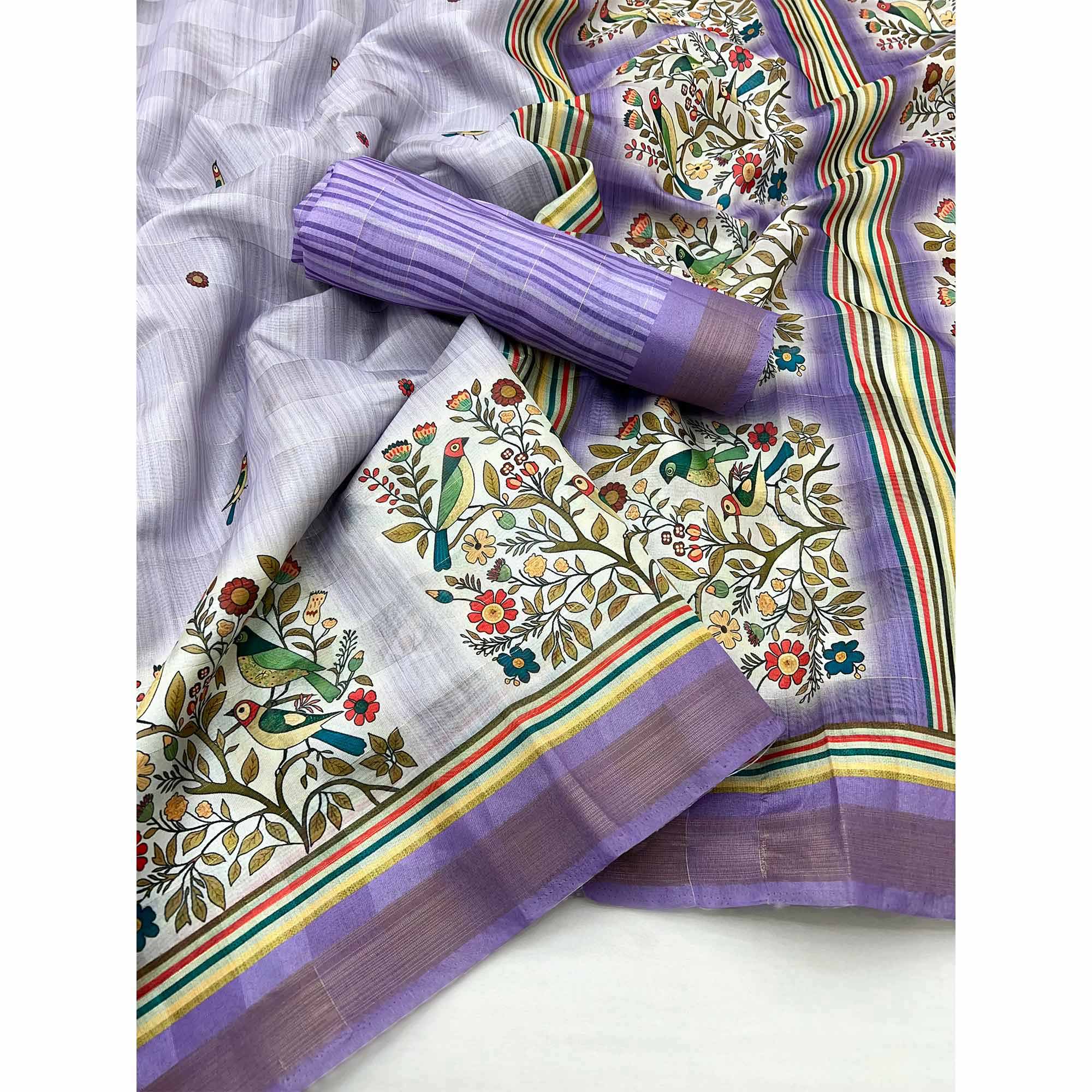 Lavender Cotton Blend Saree Highlighted With Bird & Floral Digital Print