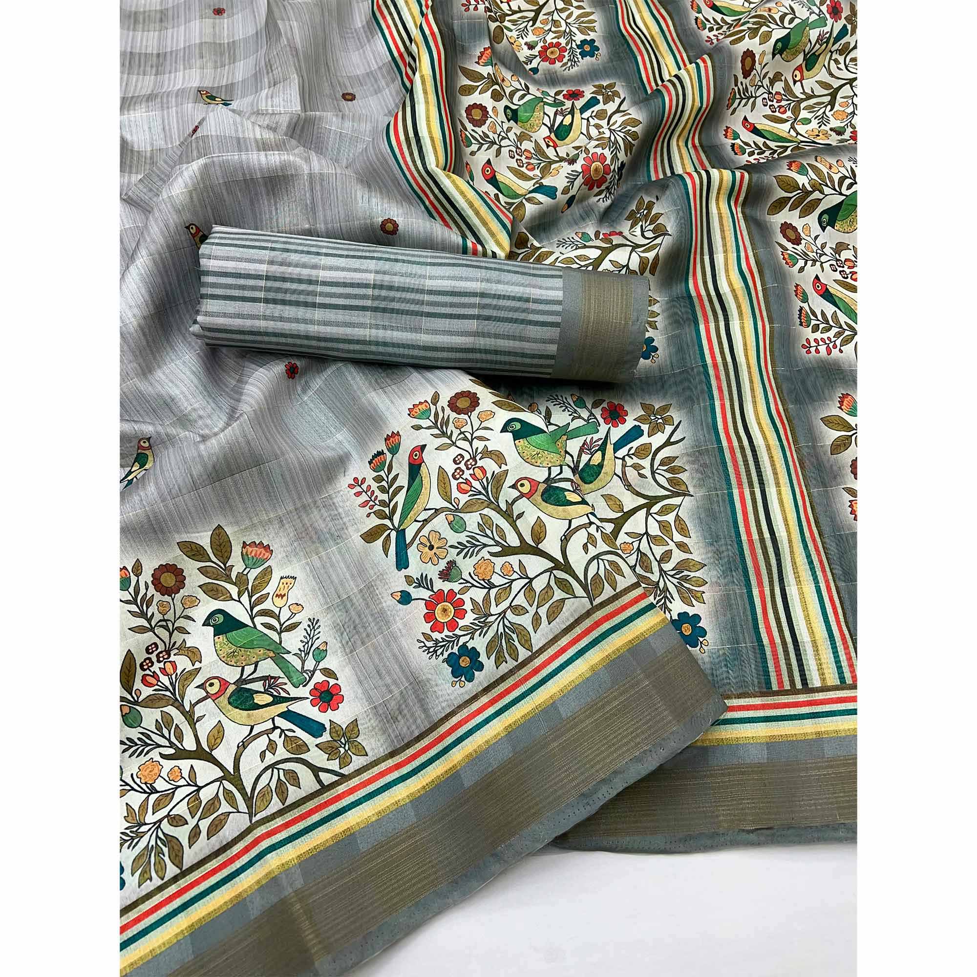Grey Cotton Blend Saree Highlighted With Bird & Floral Digital Print