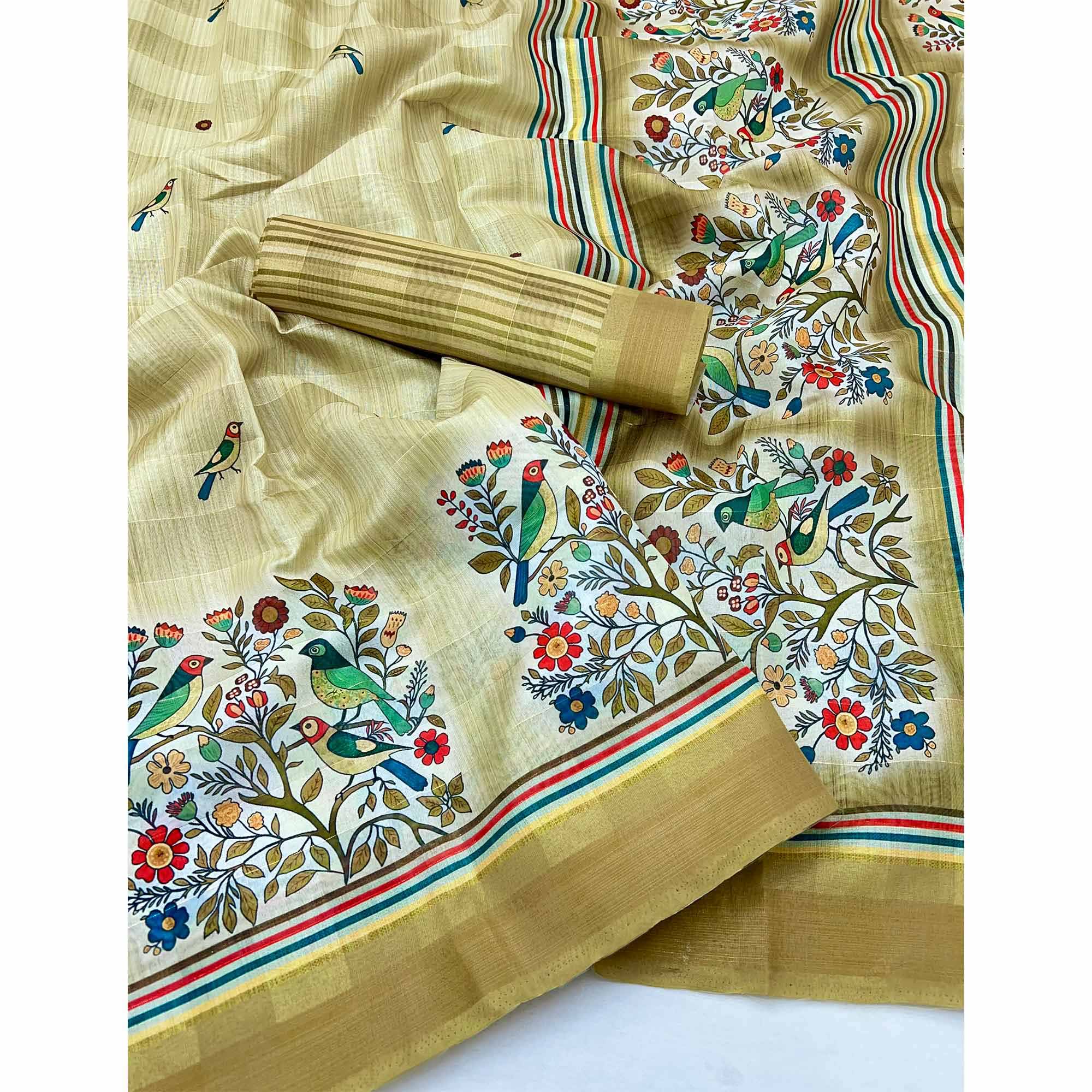 Mustard Cotton Blend Saree Highlighted With Bird & Floral Digital Print