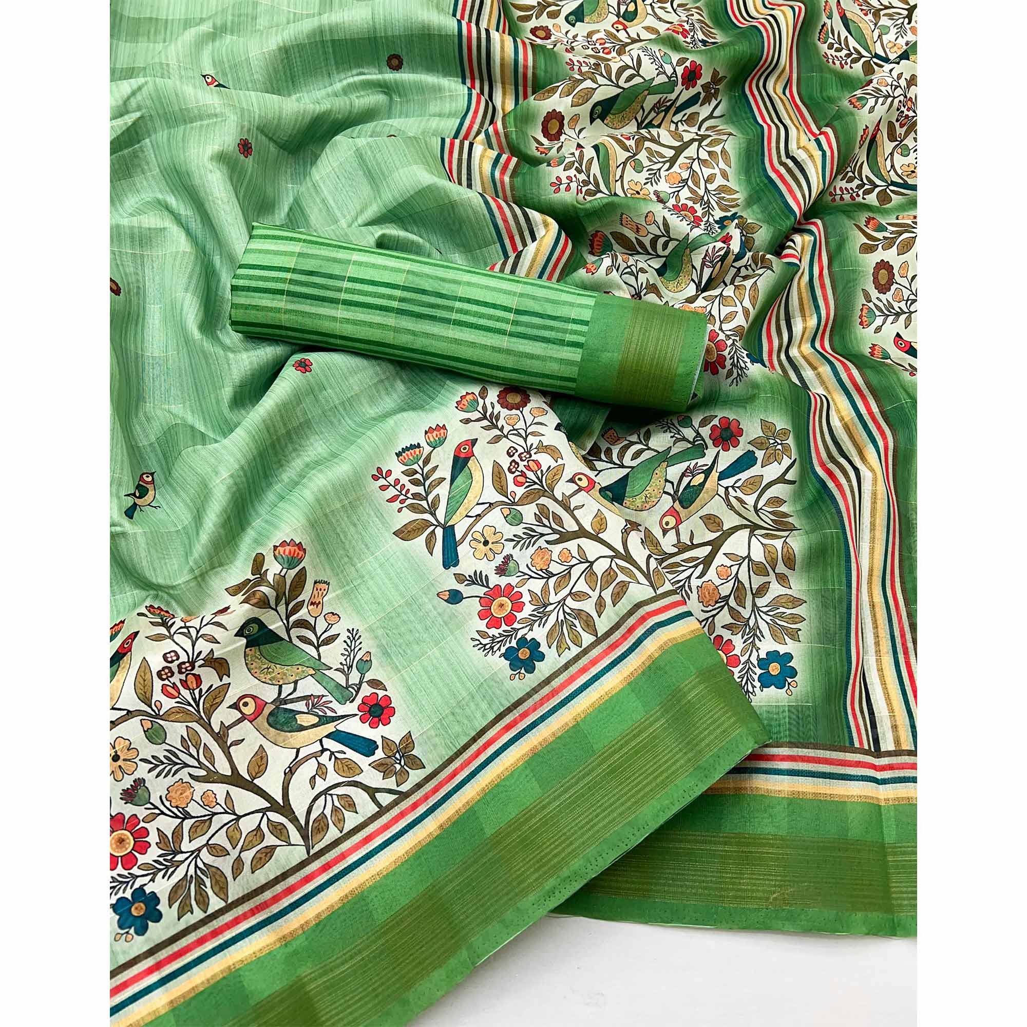 Green Cotton Blend Saree Highlighted With Bird & Floral Digital Print