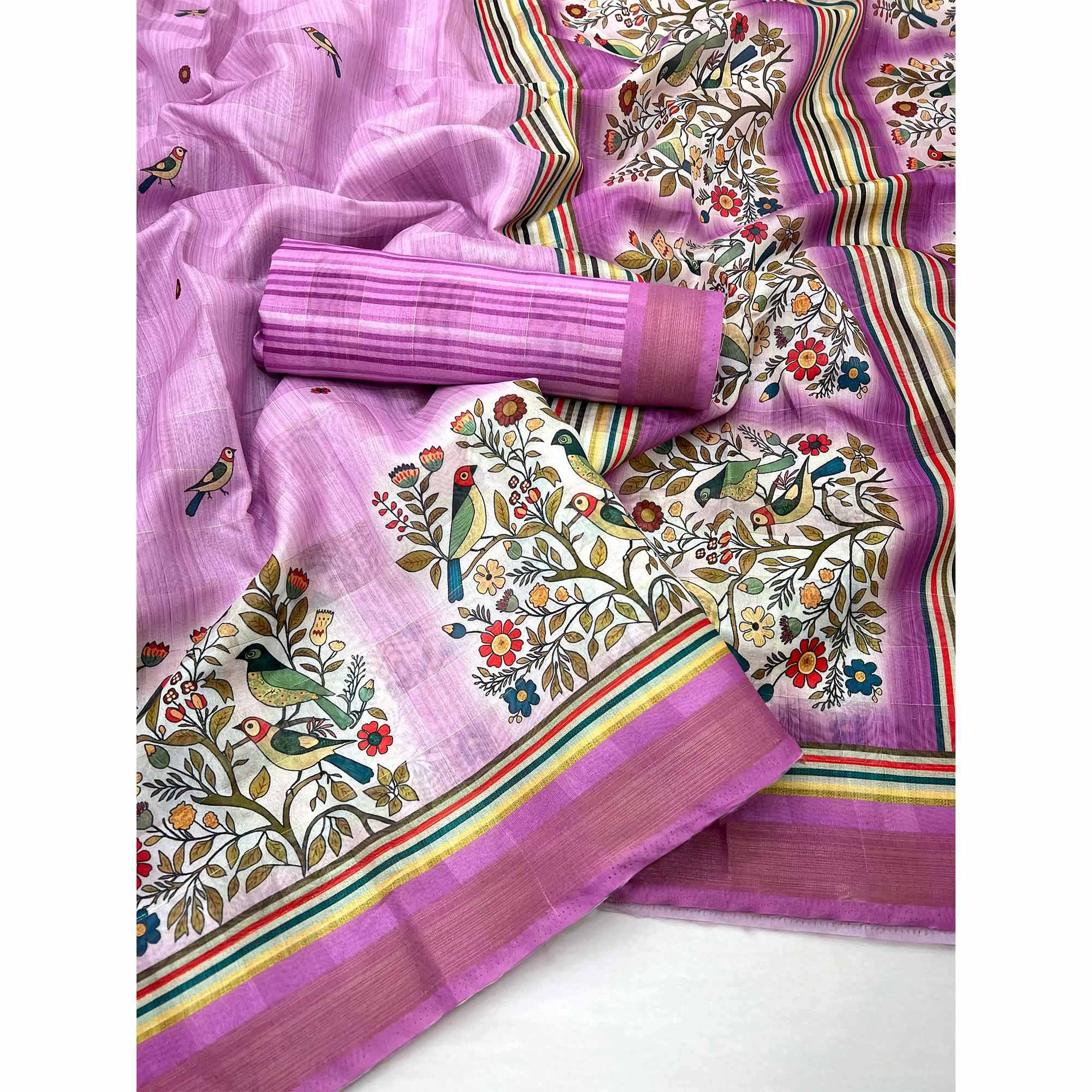 59Pink Cotton Blend Saree Highlighted With Bird & Floral Digital Print