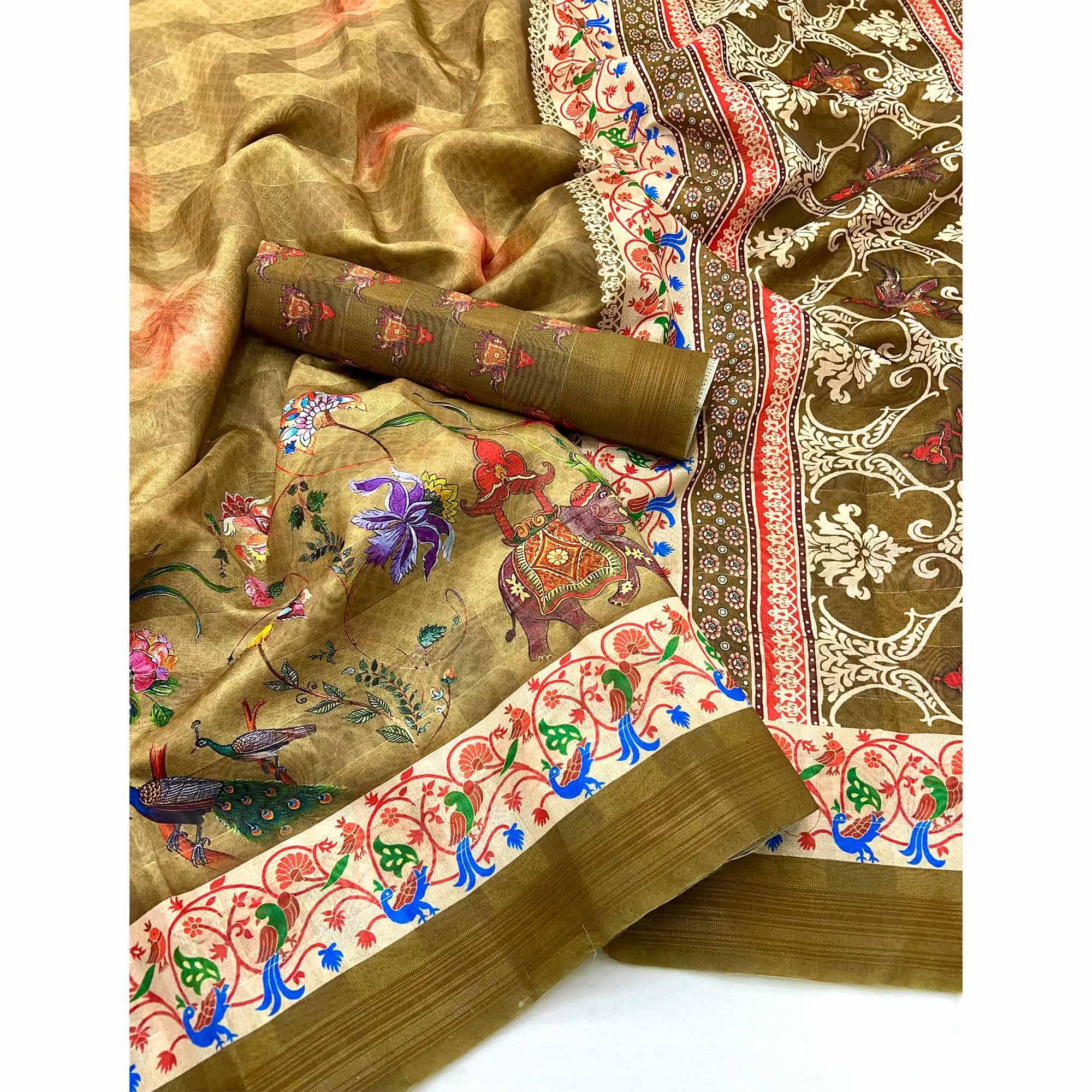 Mustard Cotton Blend Saree Highlighted With Animal & Floral Digital Print
