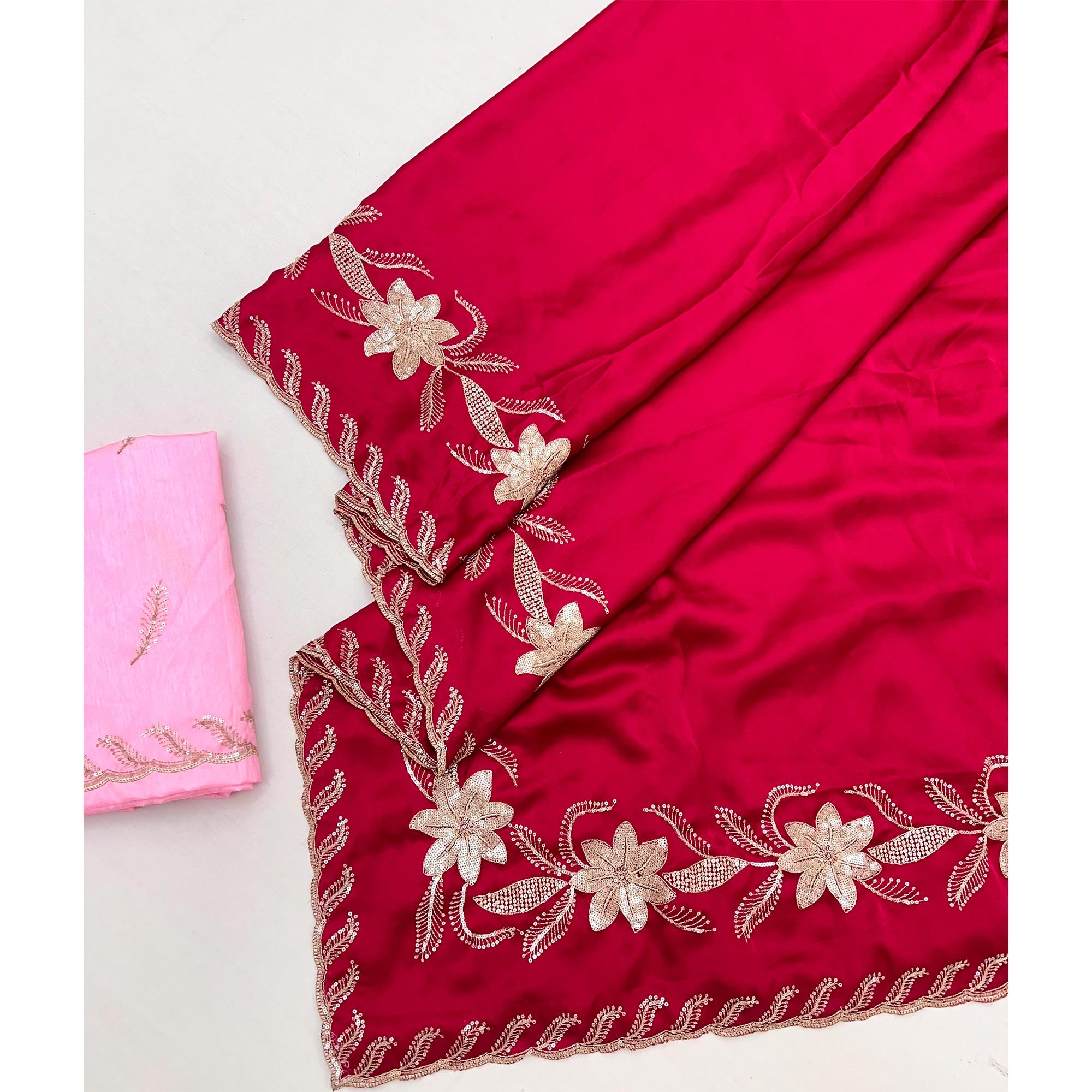 Pink Sequins Work Embroidered Satin Saree for Special Occasions