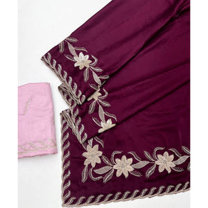 Wine Sequins Work Embroidered Satin Saree for Special Occasions