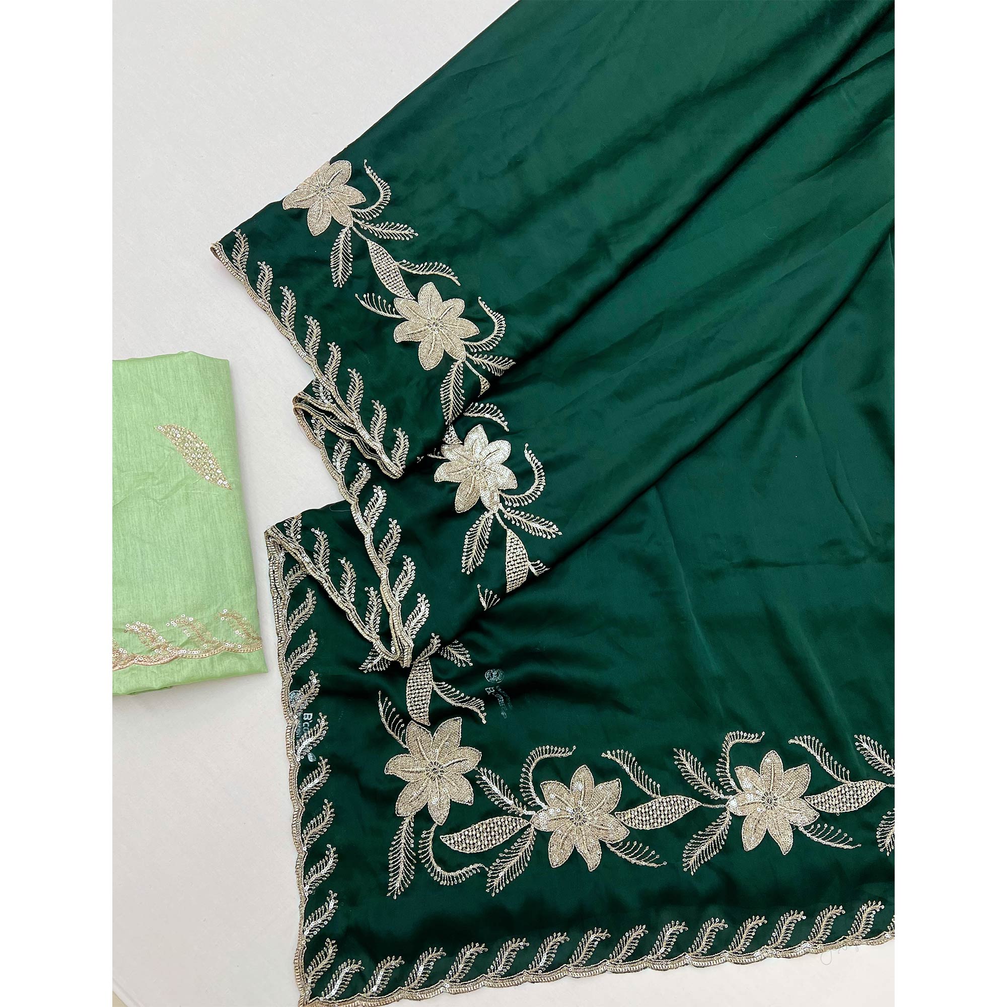 Green Sequins Work Embroidered Satin Saree for Special Occasions