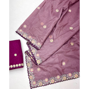 Mauve Organza Saree Adorned with Intricate Floral Embroidery