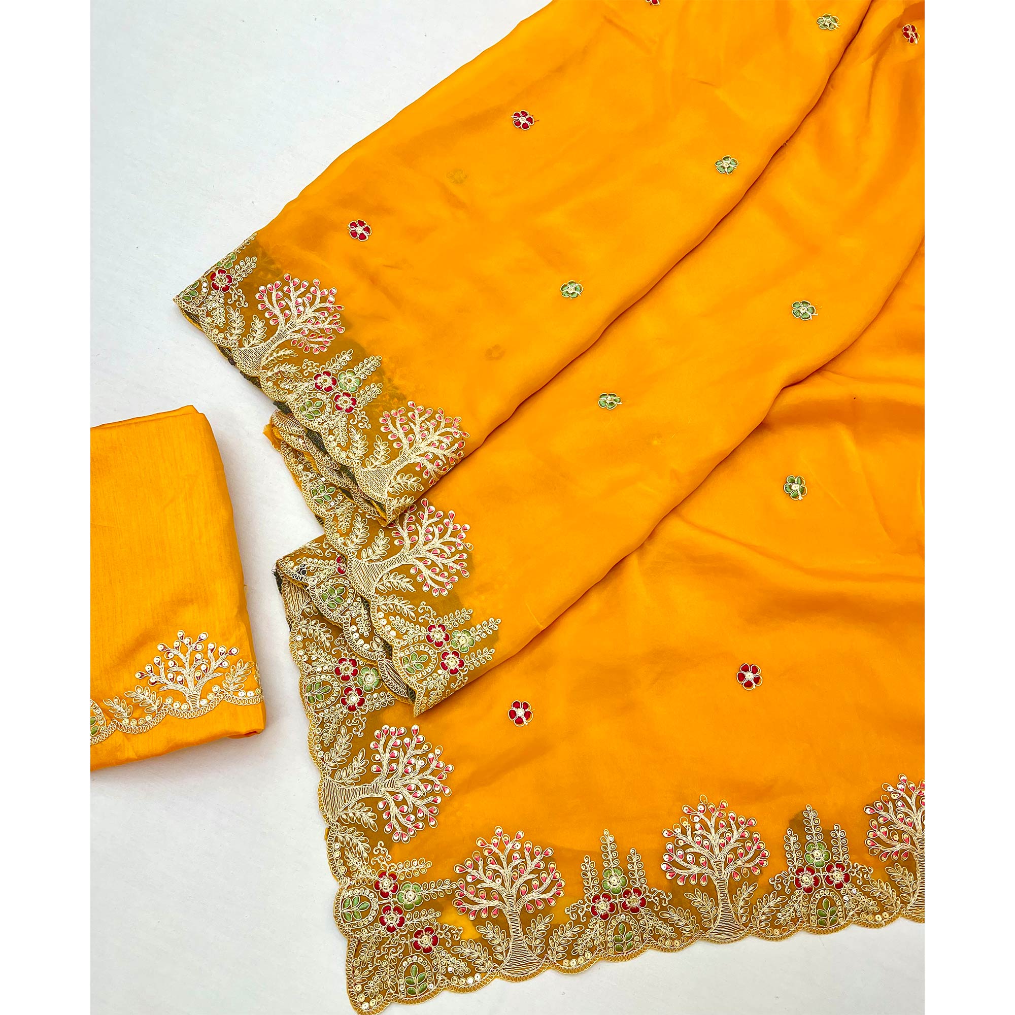 Mustard Yellow Floral Embroidered Crepe Saree with Subtle Sequin Detailing