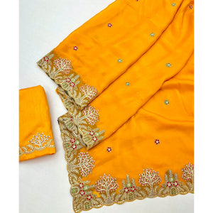 Mustard Yellow Floral Embroidered Crepe Saree with Subtle Sequin Detailing