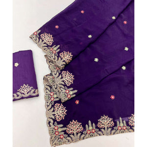 Violet Floral Embroidered Crepe Saree with Subtle Sequin Detailing