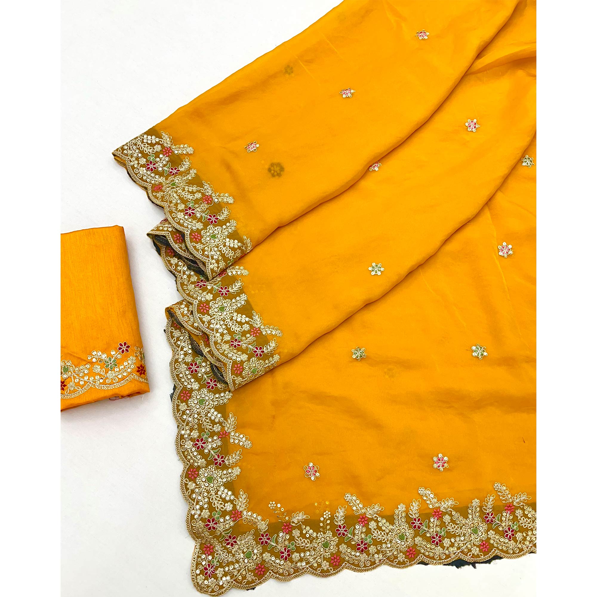 Party Wear Mustard Yellow Floral Embroidered Crepe Saree with Elegant Sequin Finish