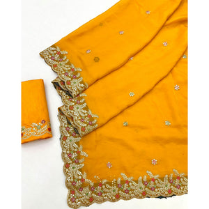 Party Wear Mustard Yellow Floral Embroidered Crepe Saree with Elegant Sequin Finish