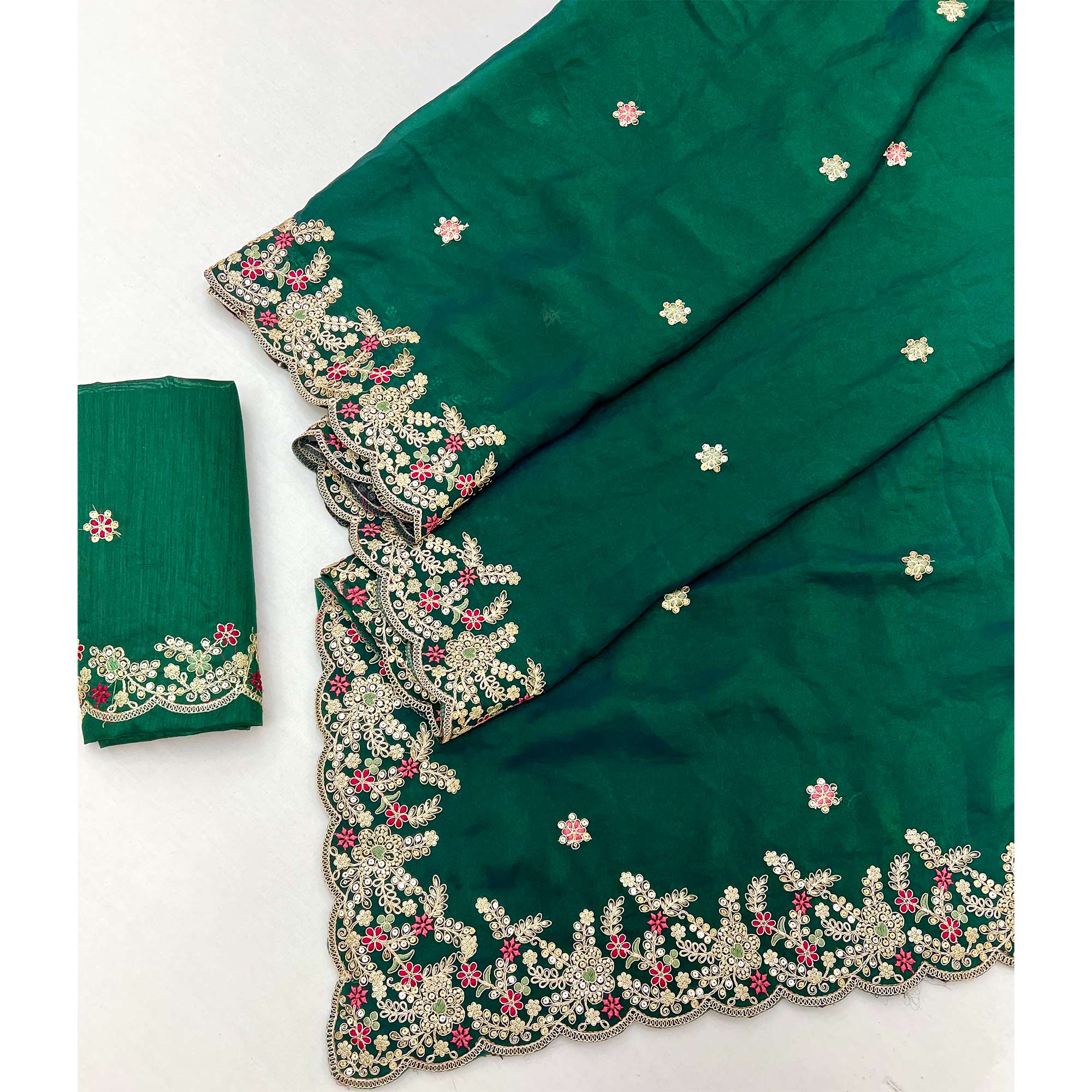 Party Wear Green Floral Embroidered Crepe Saree with Elegant Sequin Finish