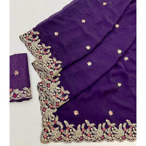 Party Wear Purple Floral Embroidered Crepe Saree with Elegant Sequin Finish