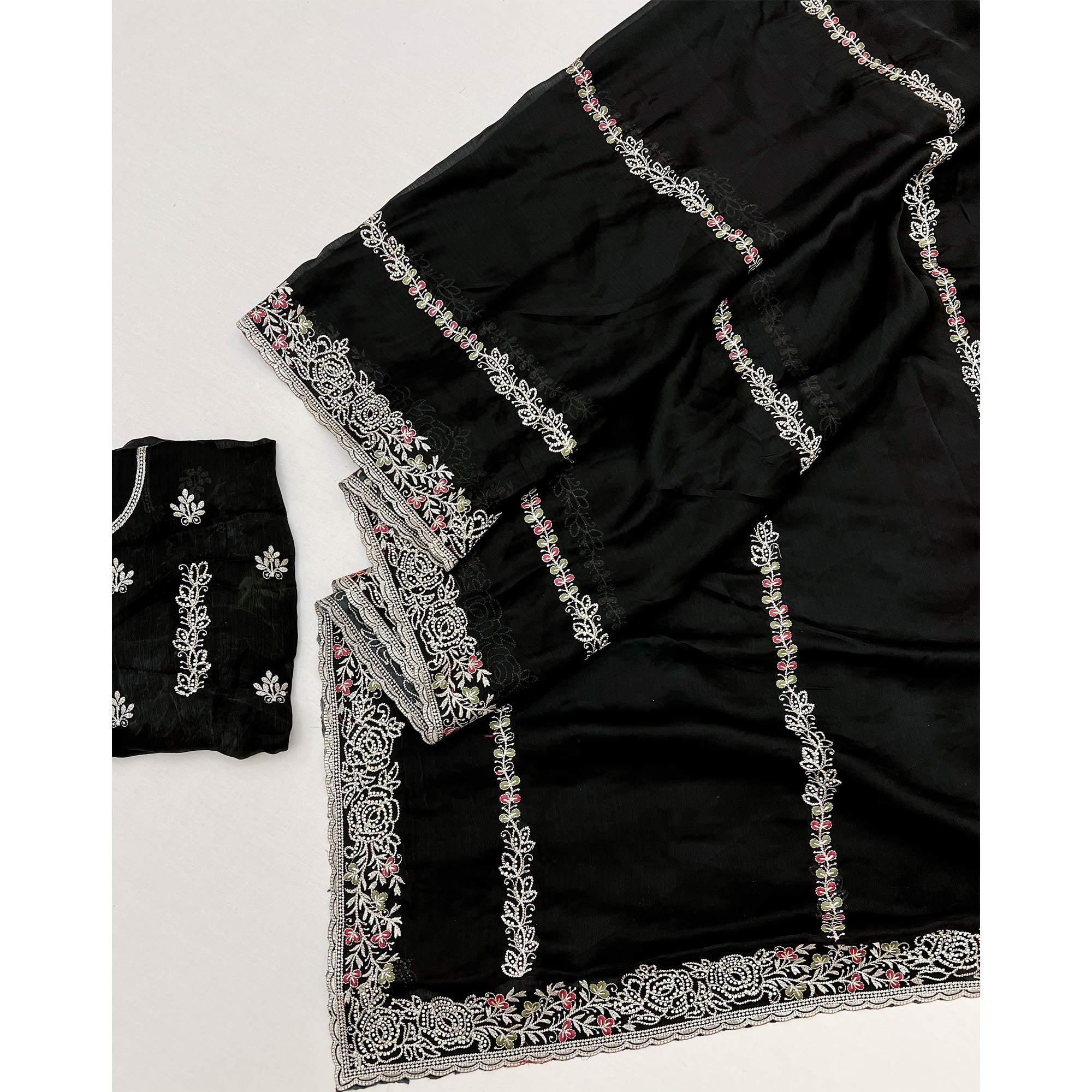 Black Satin Chiffon Saree Adorned with Intricate Floral Embroidery