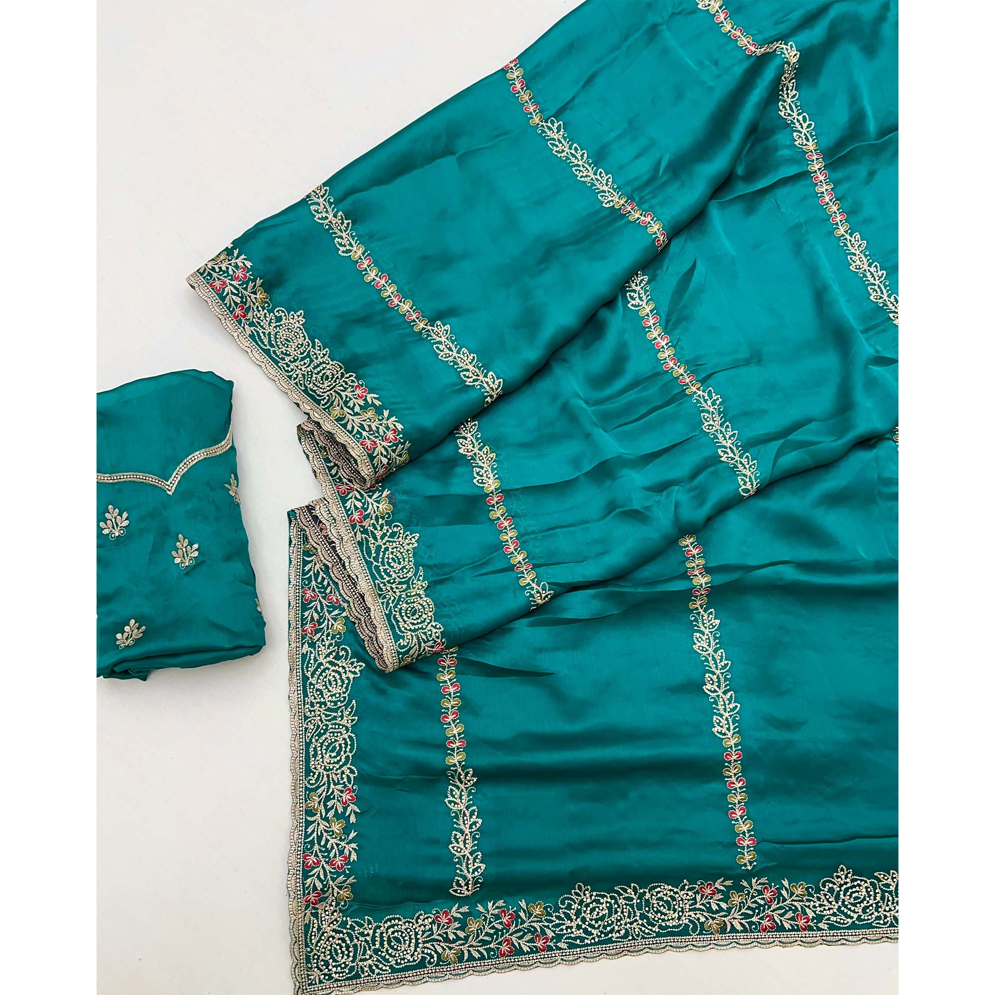 Teal Satin Chiffon Saree Adorned with Intricate Floral Embroidery