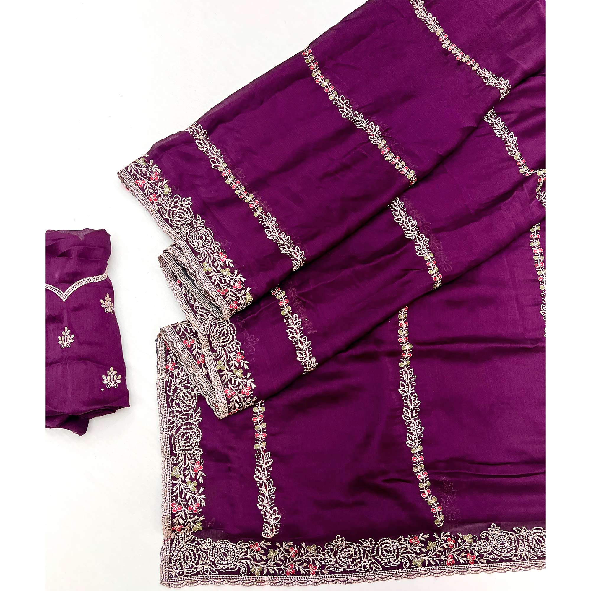 Purple Satin Chiffon Saree Adorned with Intricate Floral Embroidery