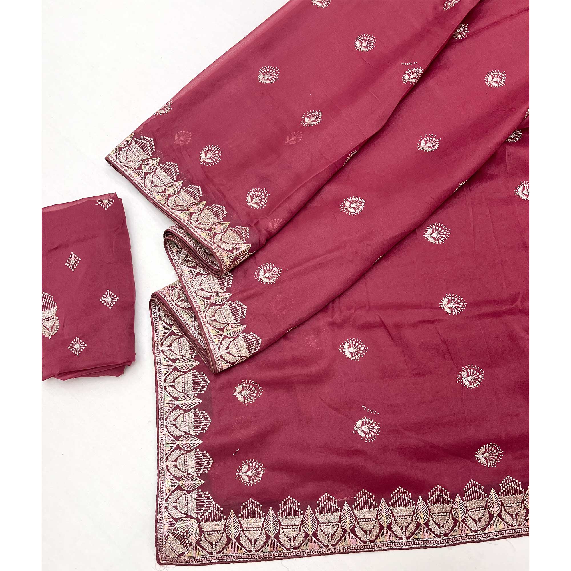 Red Star Georgette Saree with Intricate Floral Embroidery Work