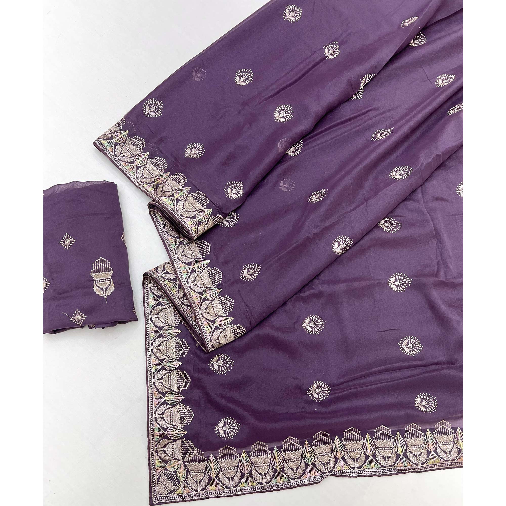 Purple Star Georgette Saree with Intricate Floral Embroidery Work