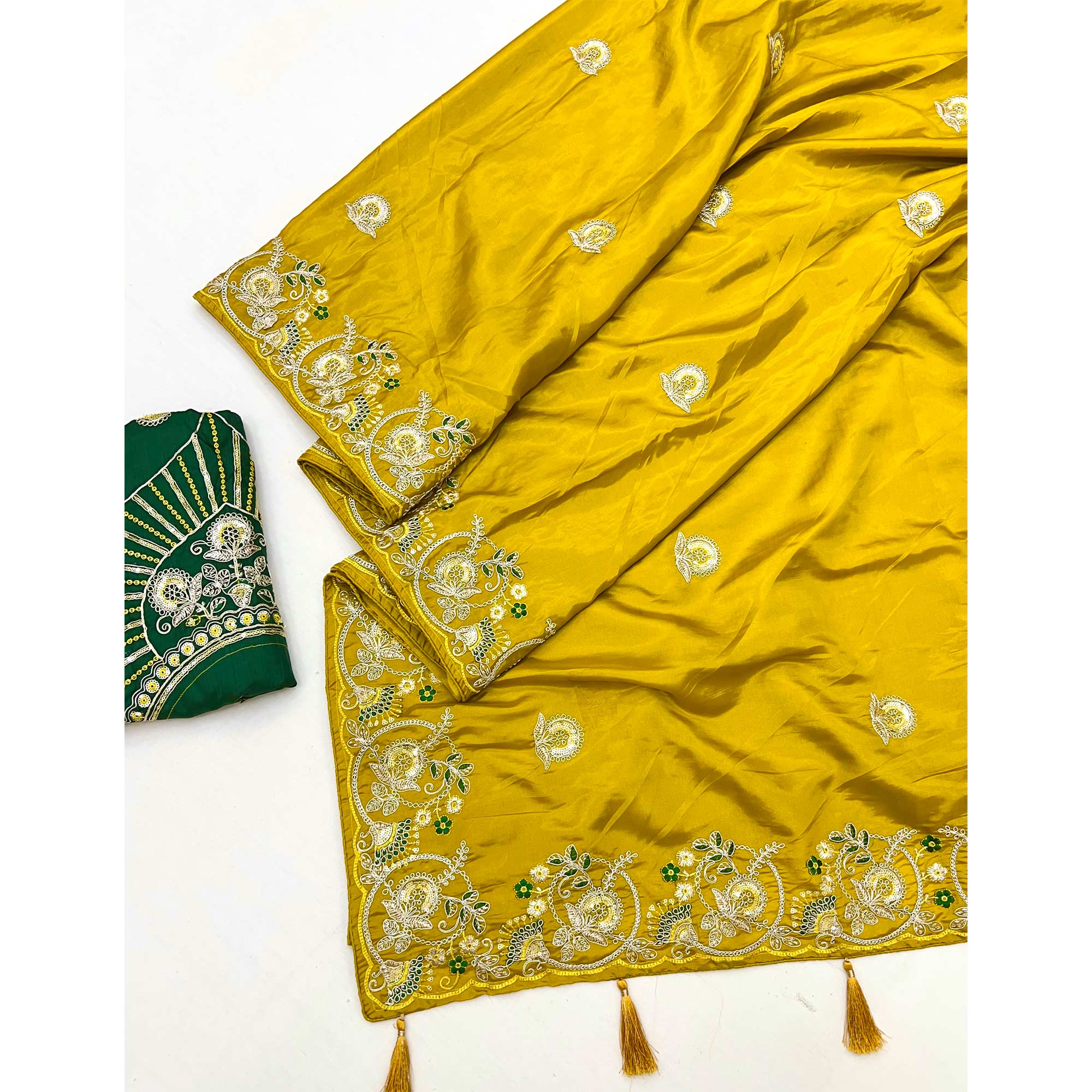 Mustard Embroidered Satin Saree with Smooth Texture and Graceful Festive Appeal