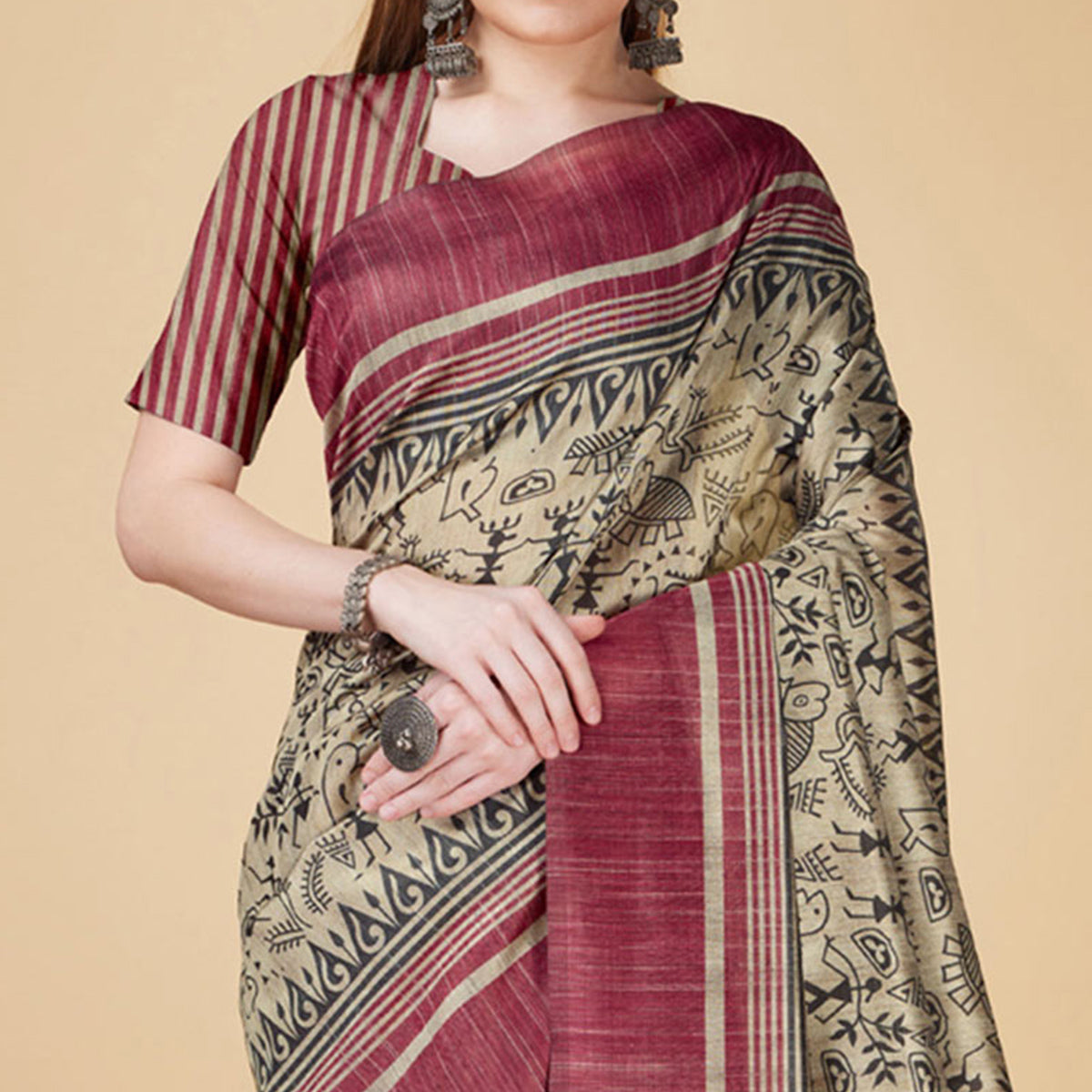 Chikoo & Maroon Printed Bhagalpuri Silk Saree With Tassels