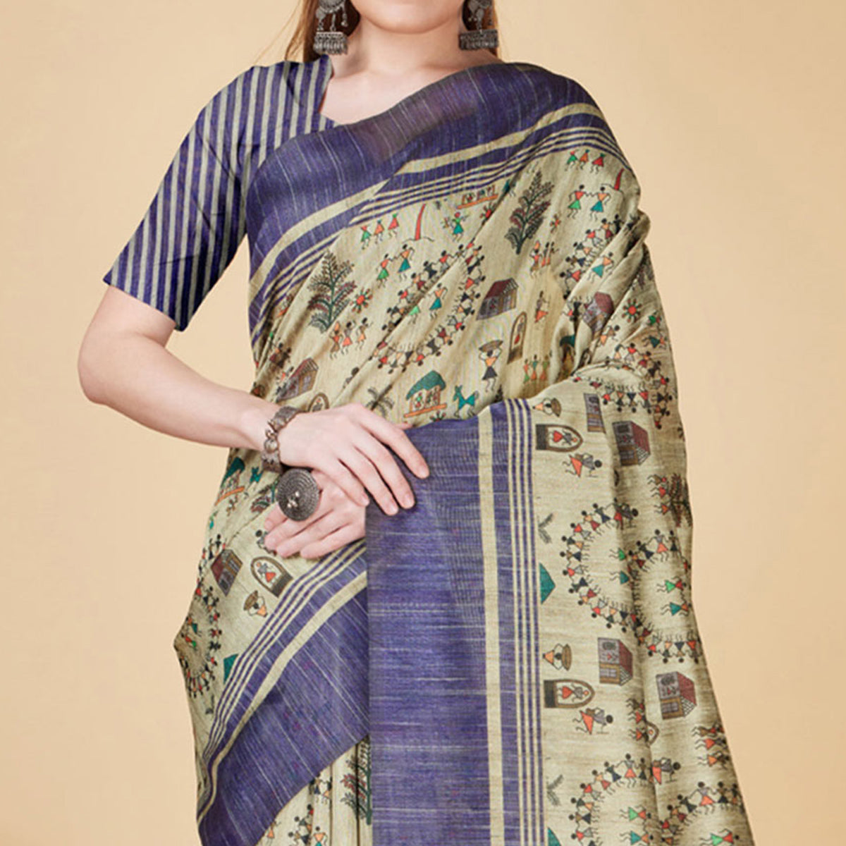 Chikoo & Blue Printed Bhagalpuri Silk Saree With Tassels
