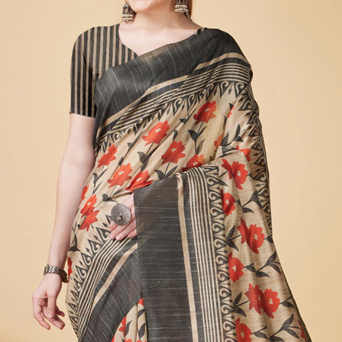 Beige & Black Floral Bhagalpuri Silk Saree With Tassels