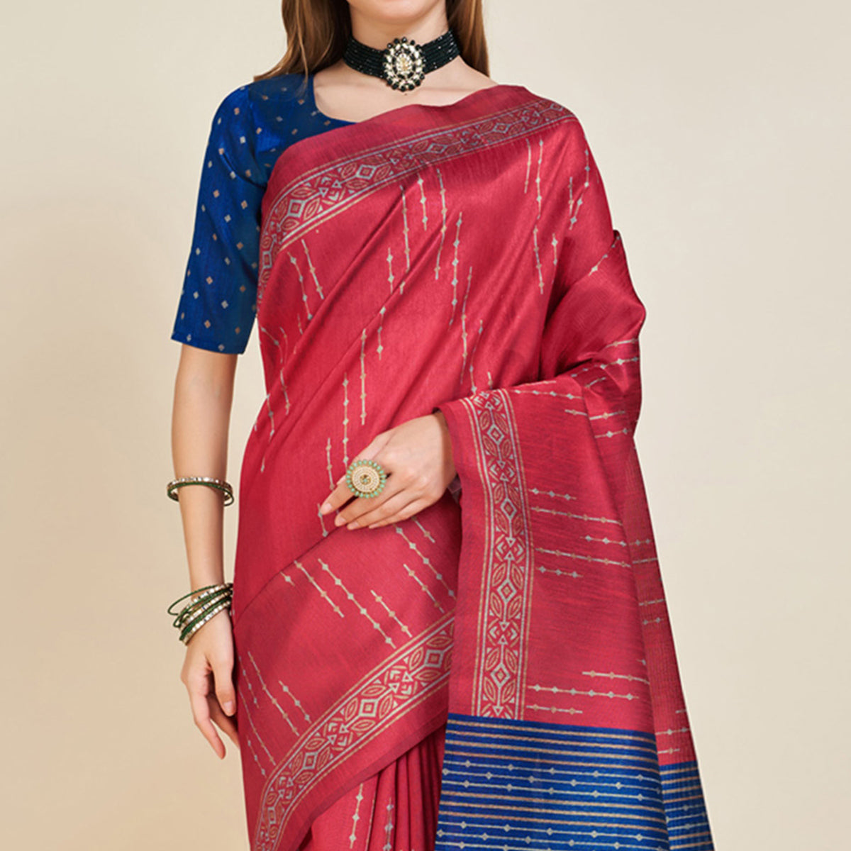 Red Digital Printed Bhagalpuri Silk Saree With Tassels