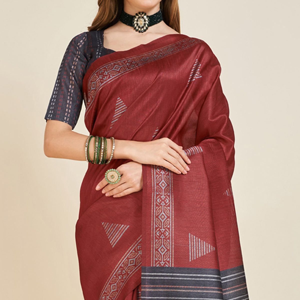 Maroon Digital Printed Bhagalpuri Silk Saree With Tassels