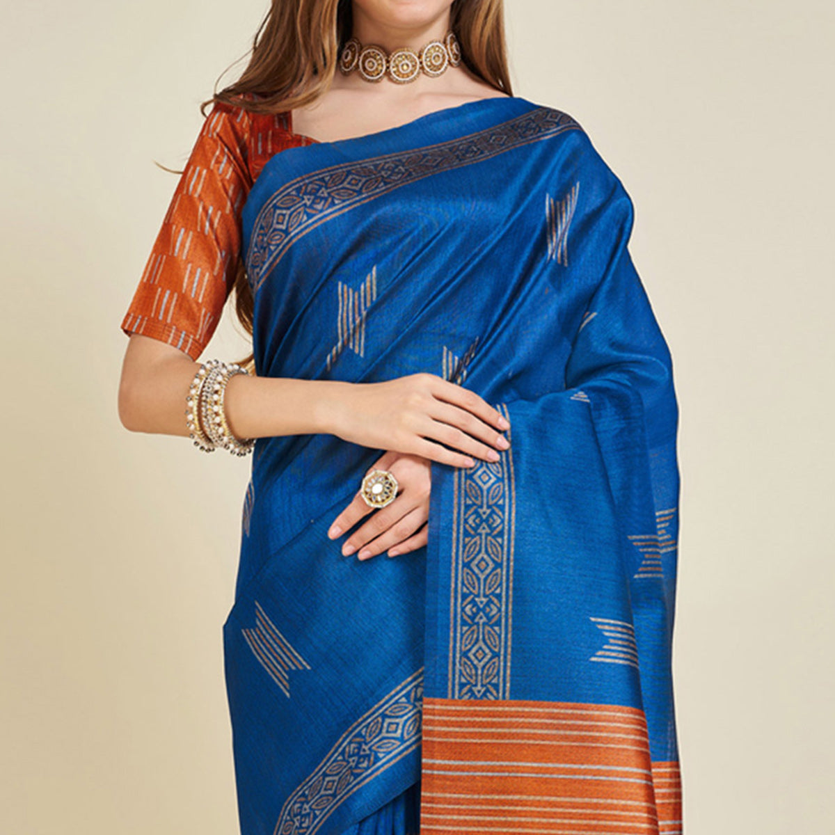 Blue Digital Printed Bhagalpuri Silk Saree With Tassels