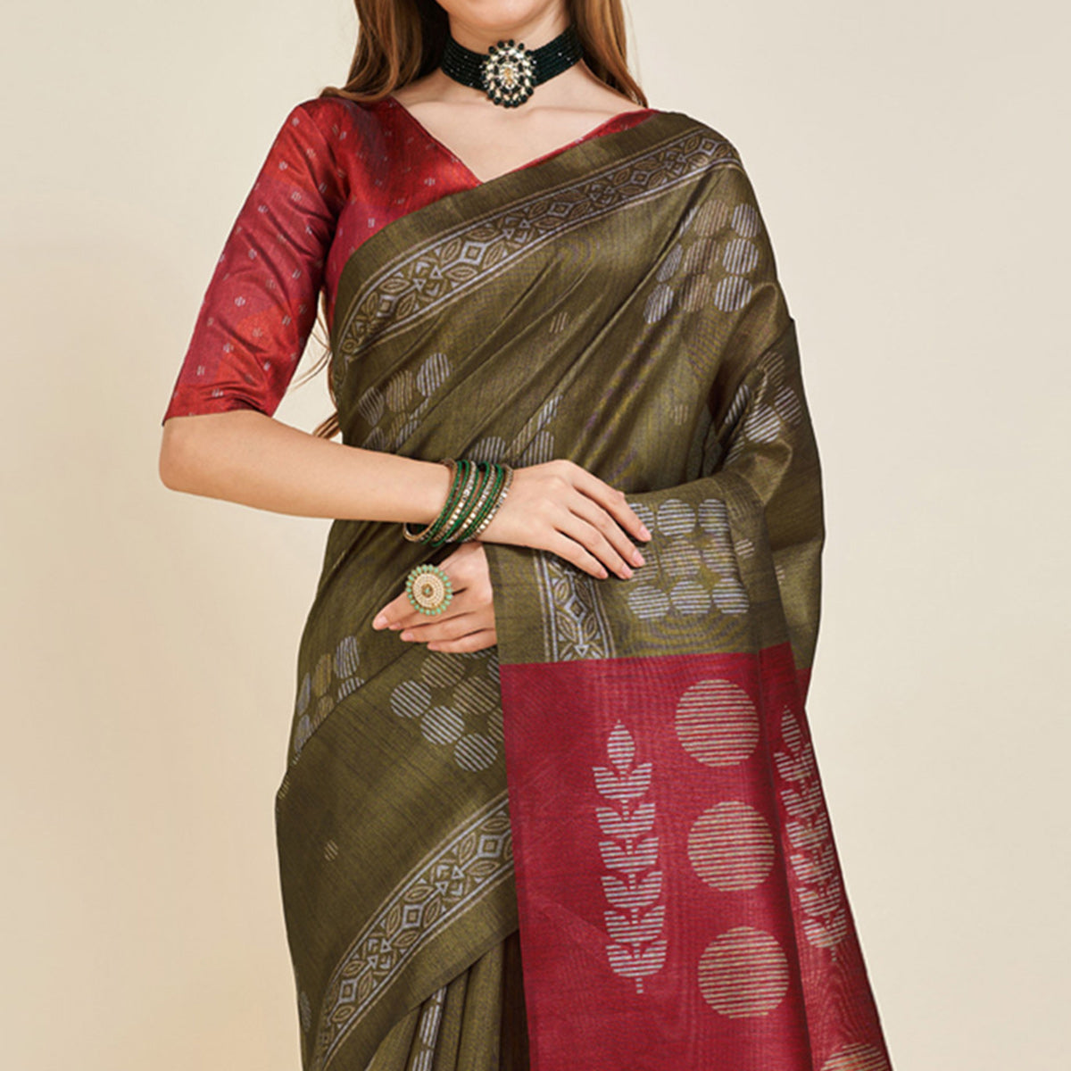 Mehendi Green Digital Printed Bhagalpuri Silk Saree With Tassels