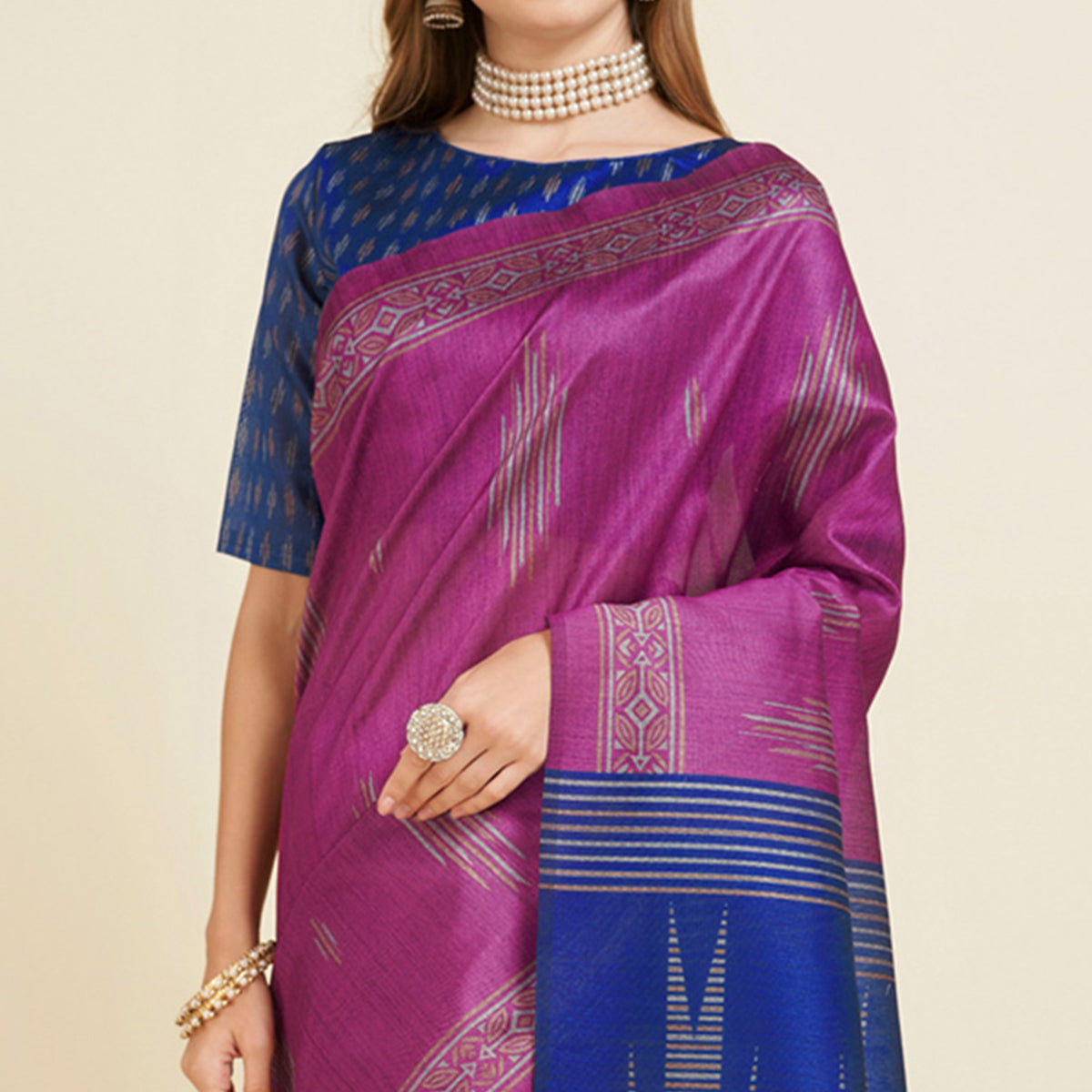 Rani Pink Digital Printed Bhagalpuri Silk Saree With Tassels