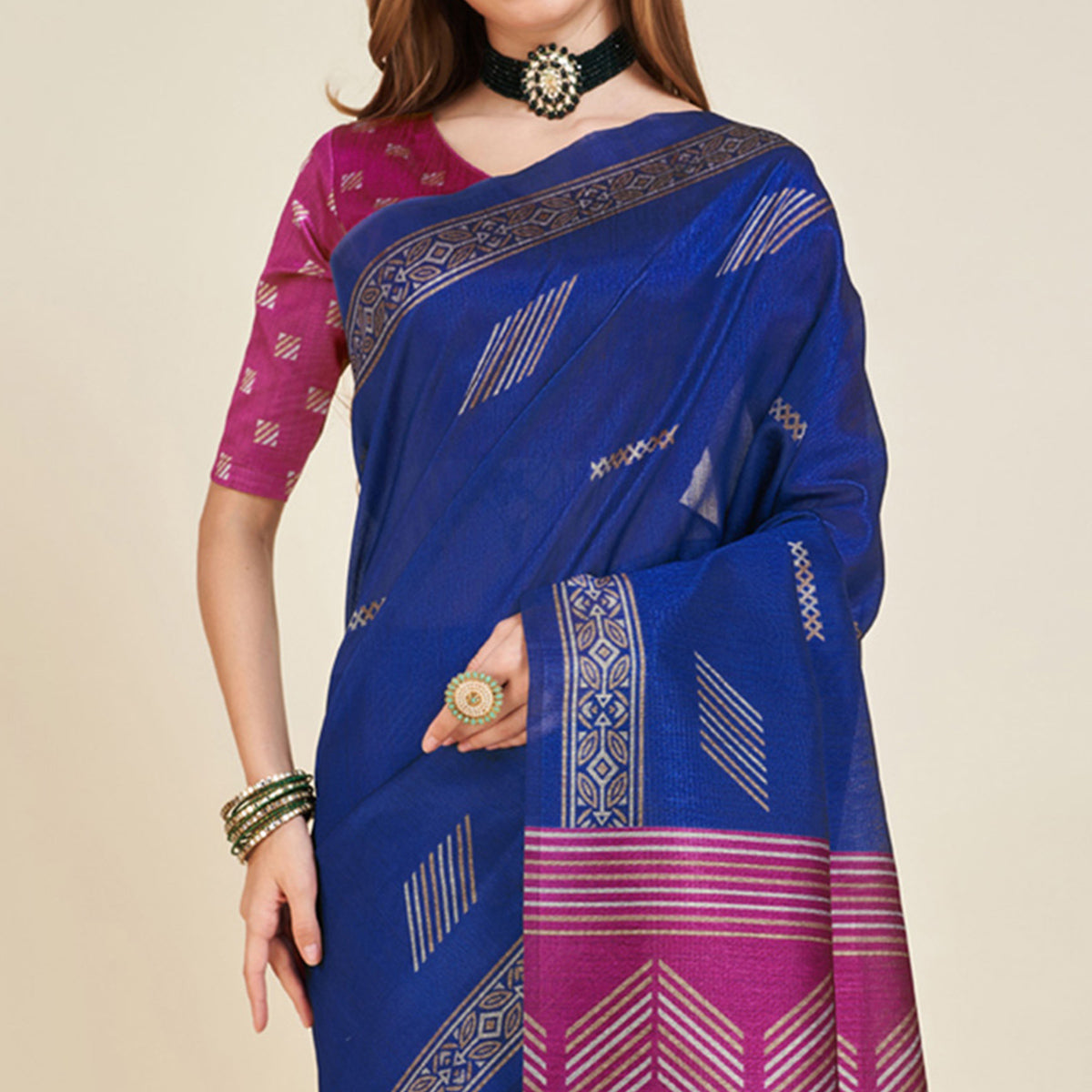 Blue & Rani Pink Digital Printed Bhagalpuri Silk Saree With Tassels