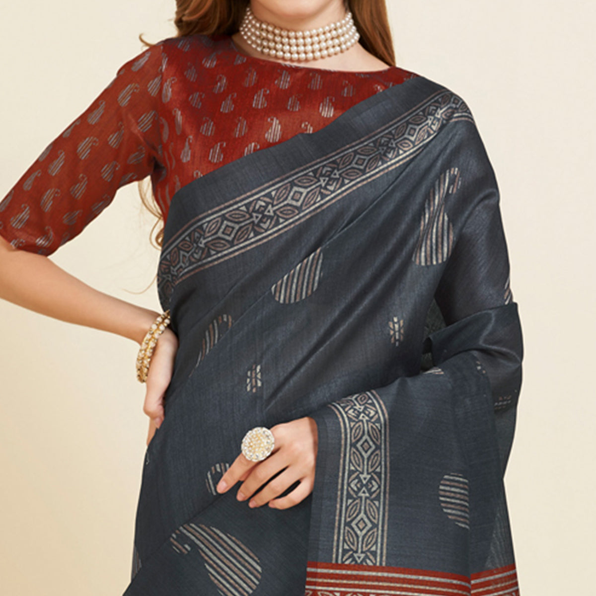 Grey Digital Printed Bhagalpuri Silk Saree With Tassels