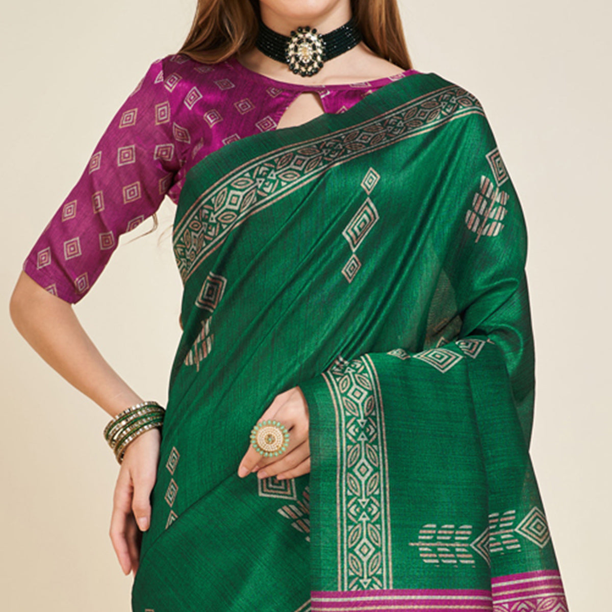 Green Digital Printed Bhagalpuri Silk Saree With Tassels