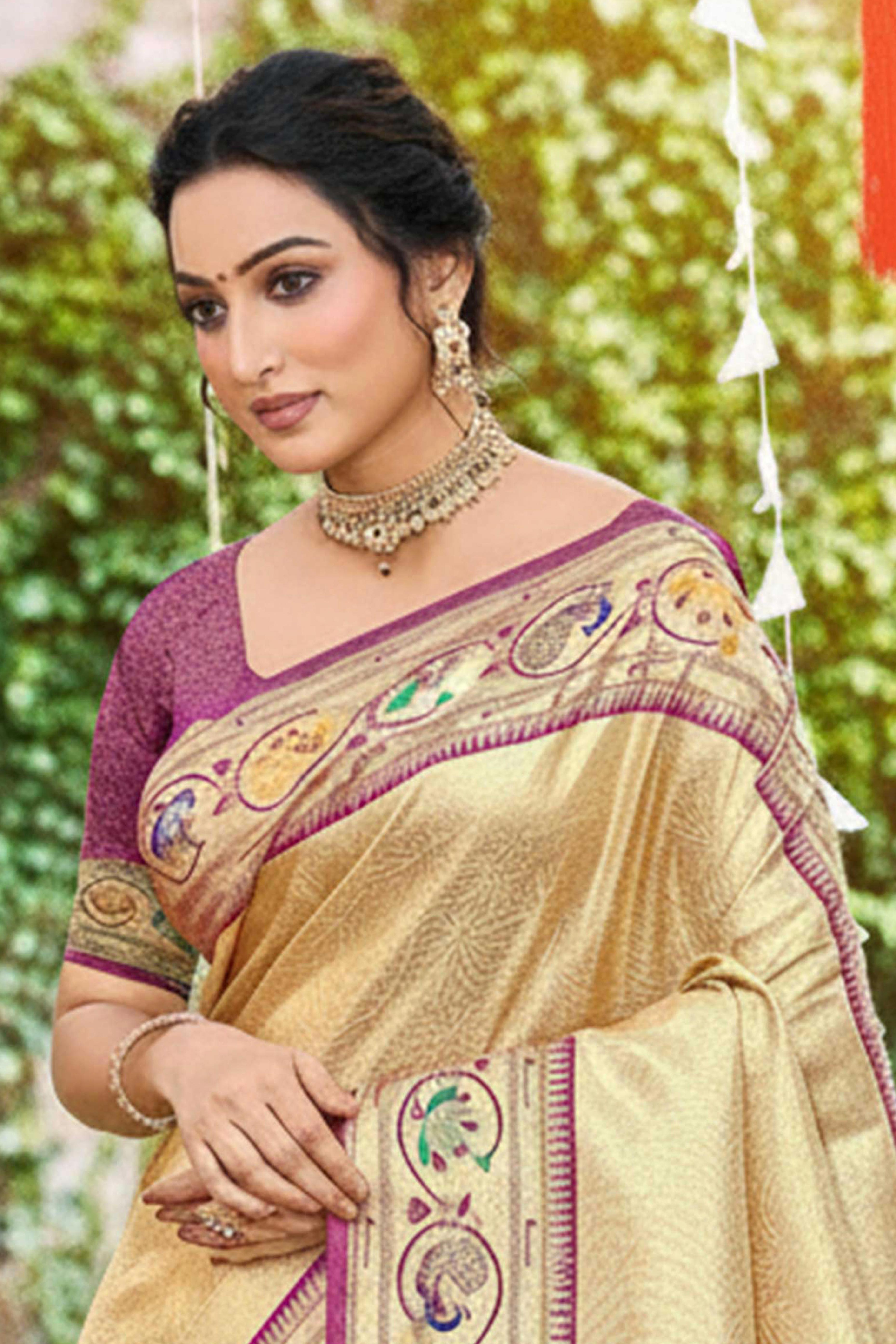 Elegant Cream Weaving Silk Blend Saree With Stunning Peacock Border & Artistic Parrot Motif Pallu