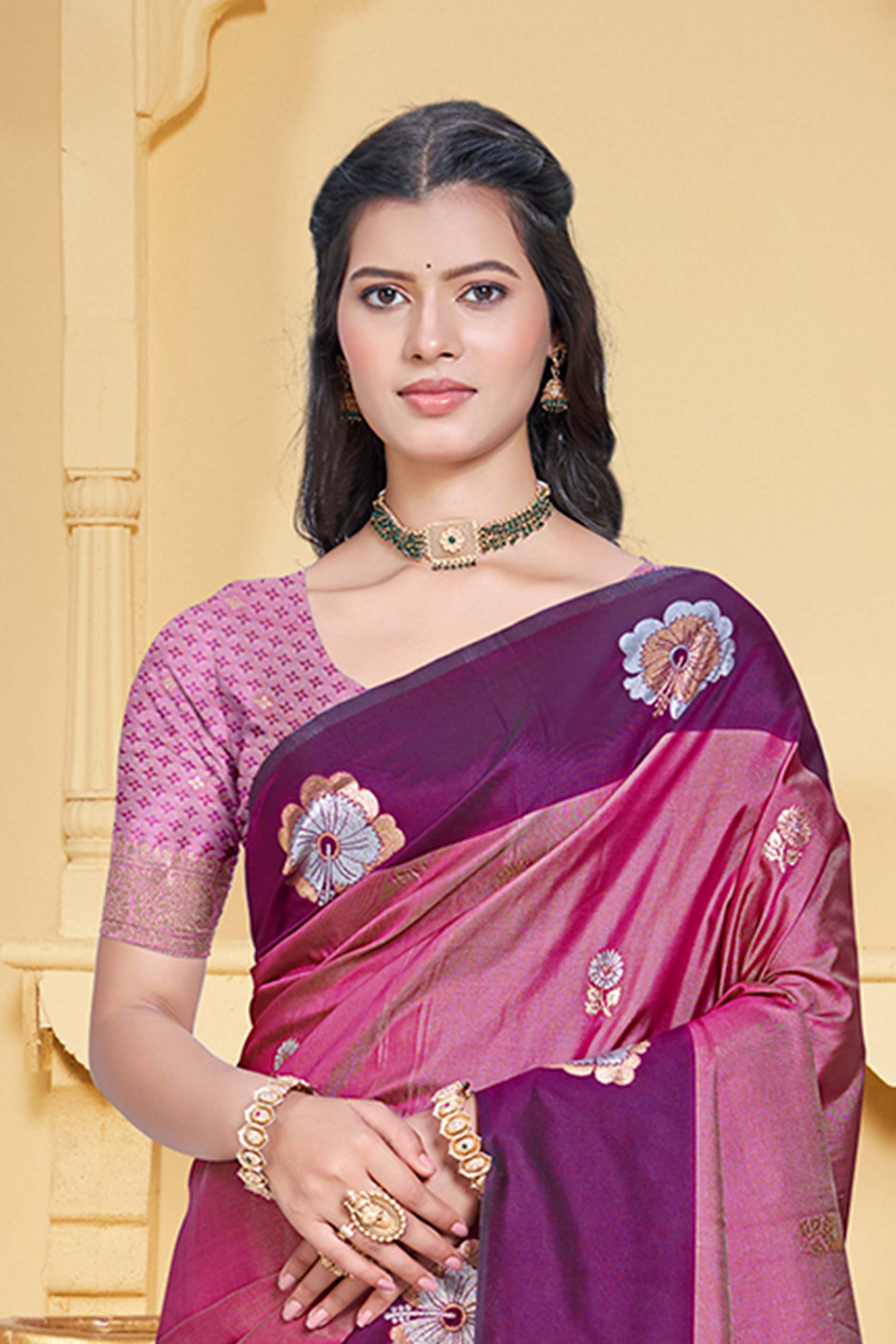 Charming Pink & Purple Floral Zari Weaving Silk Blend Saree Enhanced With Stylish Tassel Pallu