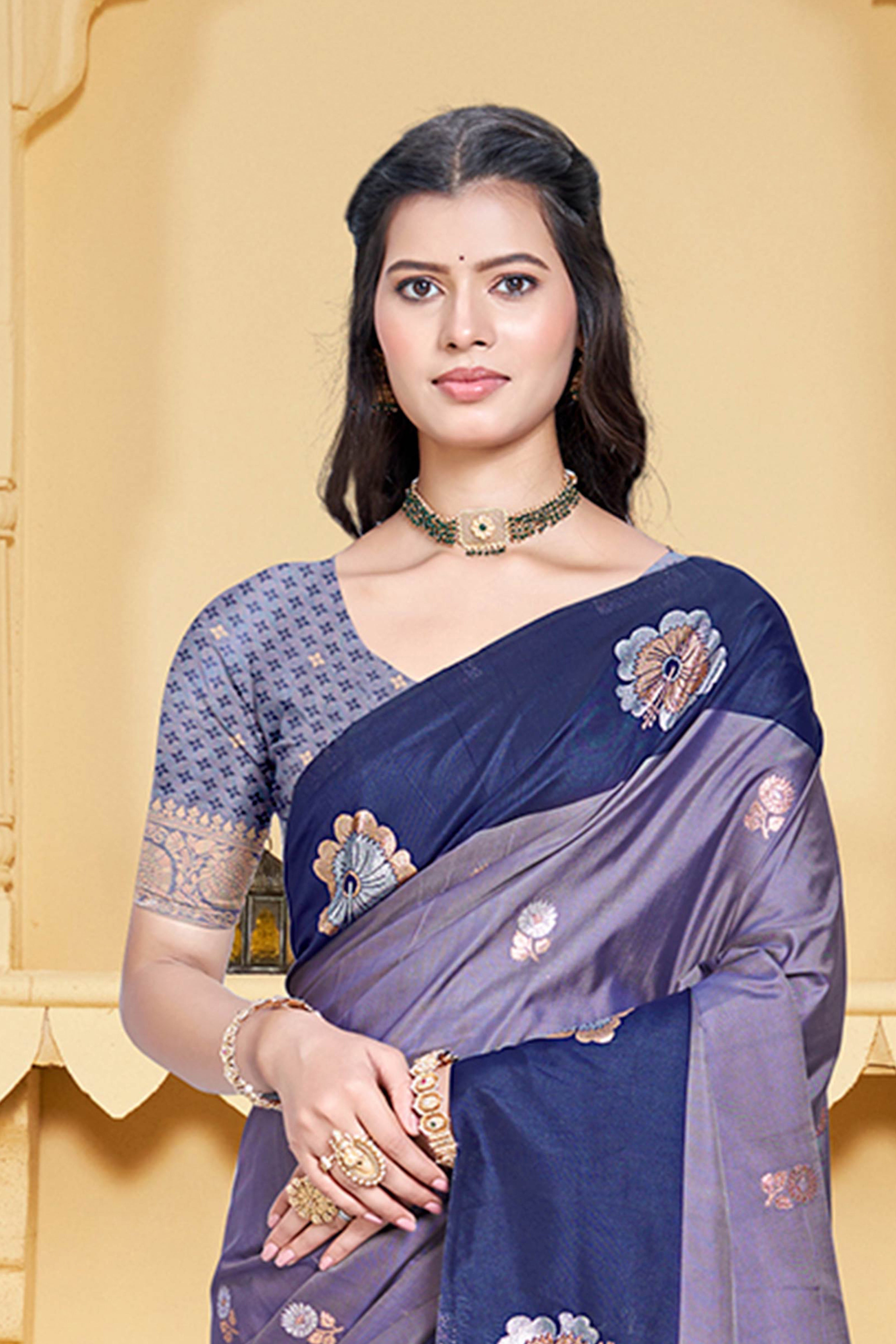 Charming Light Navy Blue Floral Zari Weaving Silk Blend Saree Enhanced With Stylish Tassel Pallu