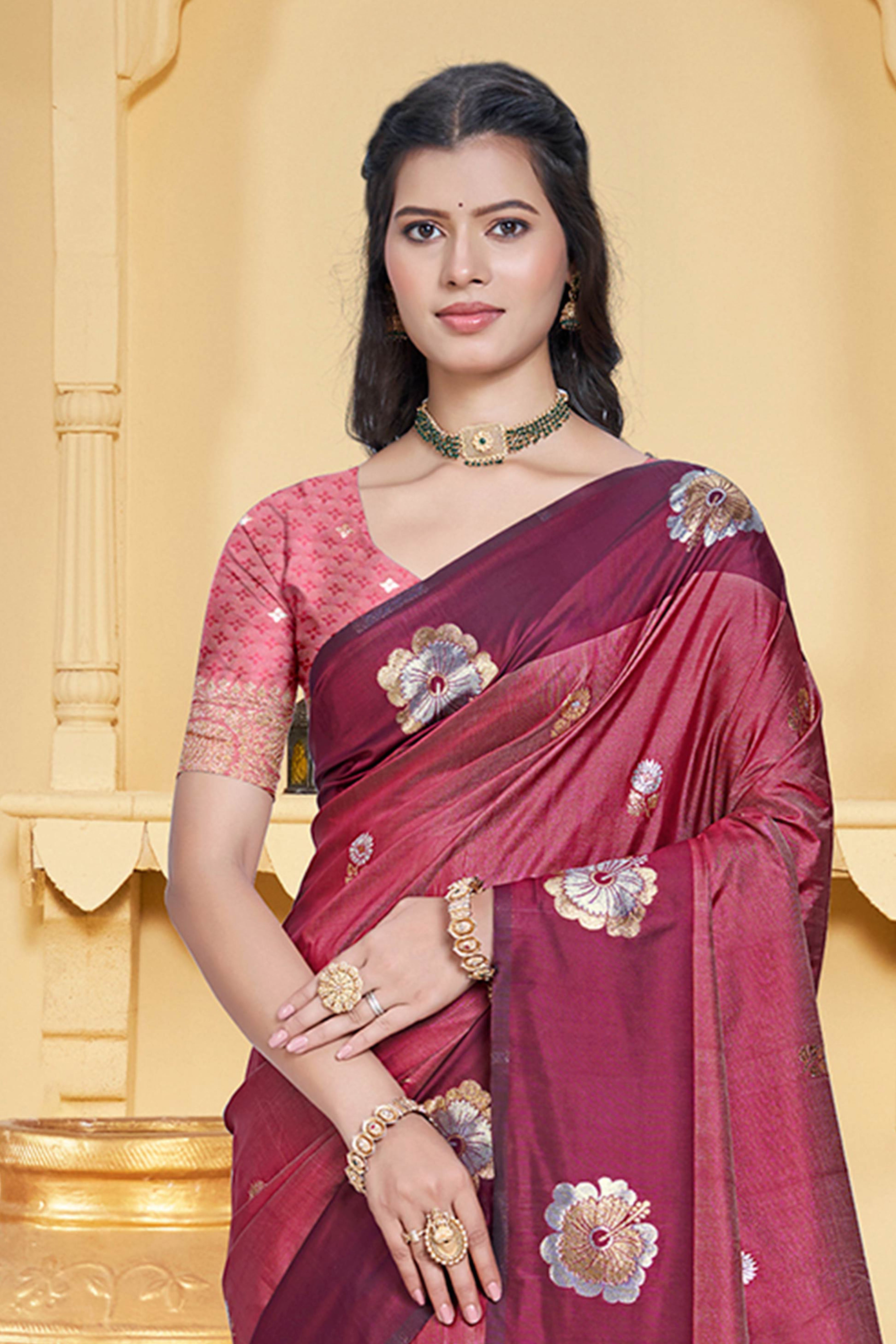 Charming Light Maroon Floral Zari Weaving Silk Blend Saree Enhanced With Stylish Tassel Pallu