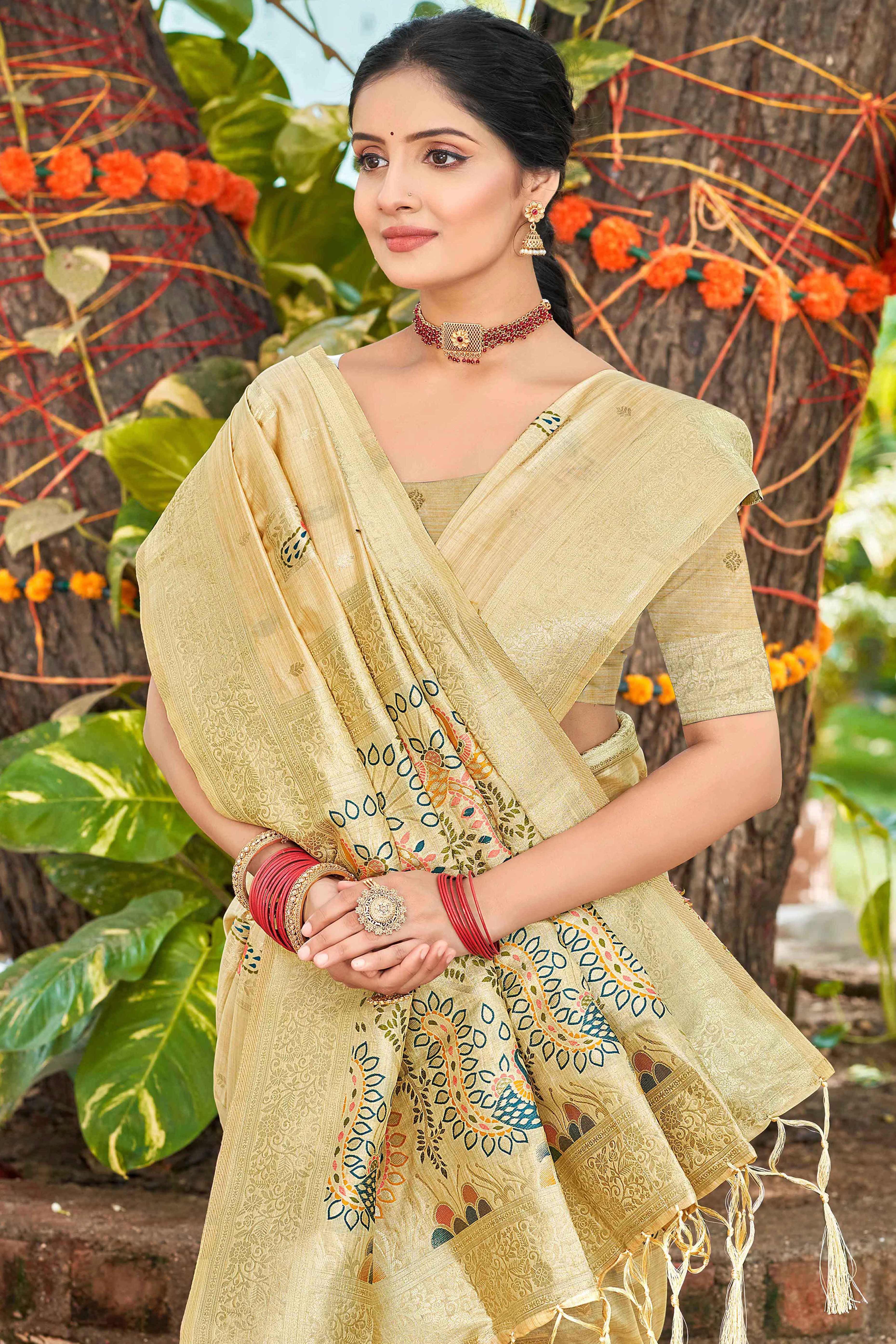 Cream Floral & Peacock Motif Zari Woven Assam Silk Blend Saree With Graceful Tassel Pallu