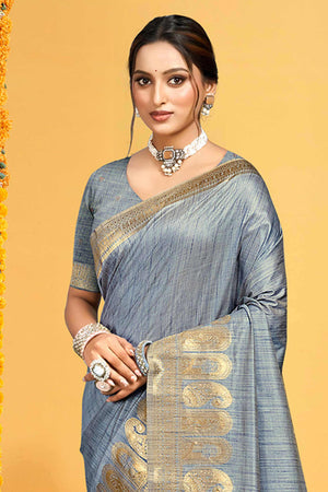 Classic Grey Floral & Paisley Design Weaving Assam Silk Blend Saree With Tassel Pallu