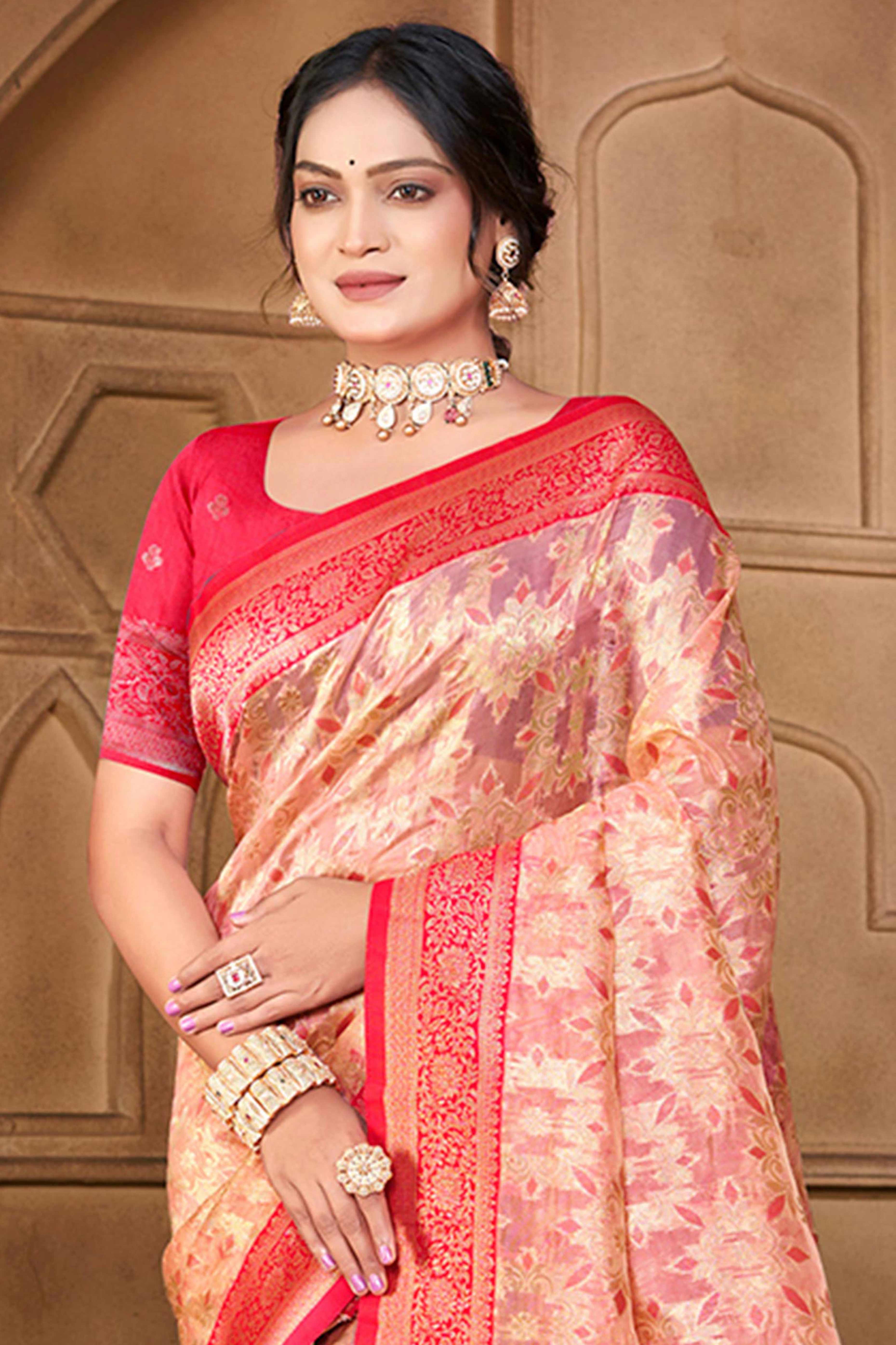 Stunning Pink Floral Weaving Silk Blend Saree Enhanced With A Stylish Tassel Pallu